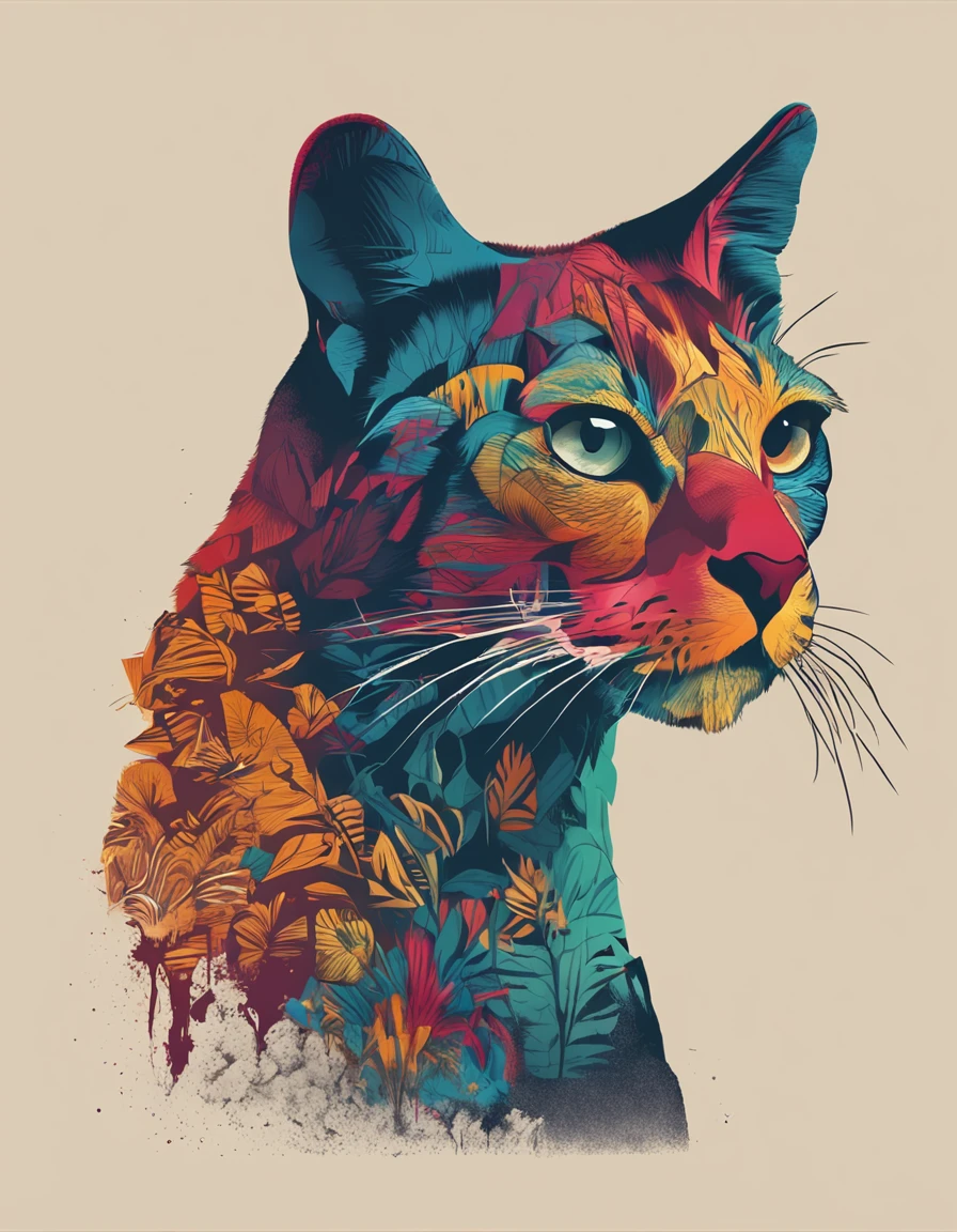 Design poster of silhouettes of various animals combined into a complete cat silhouette