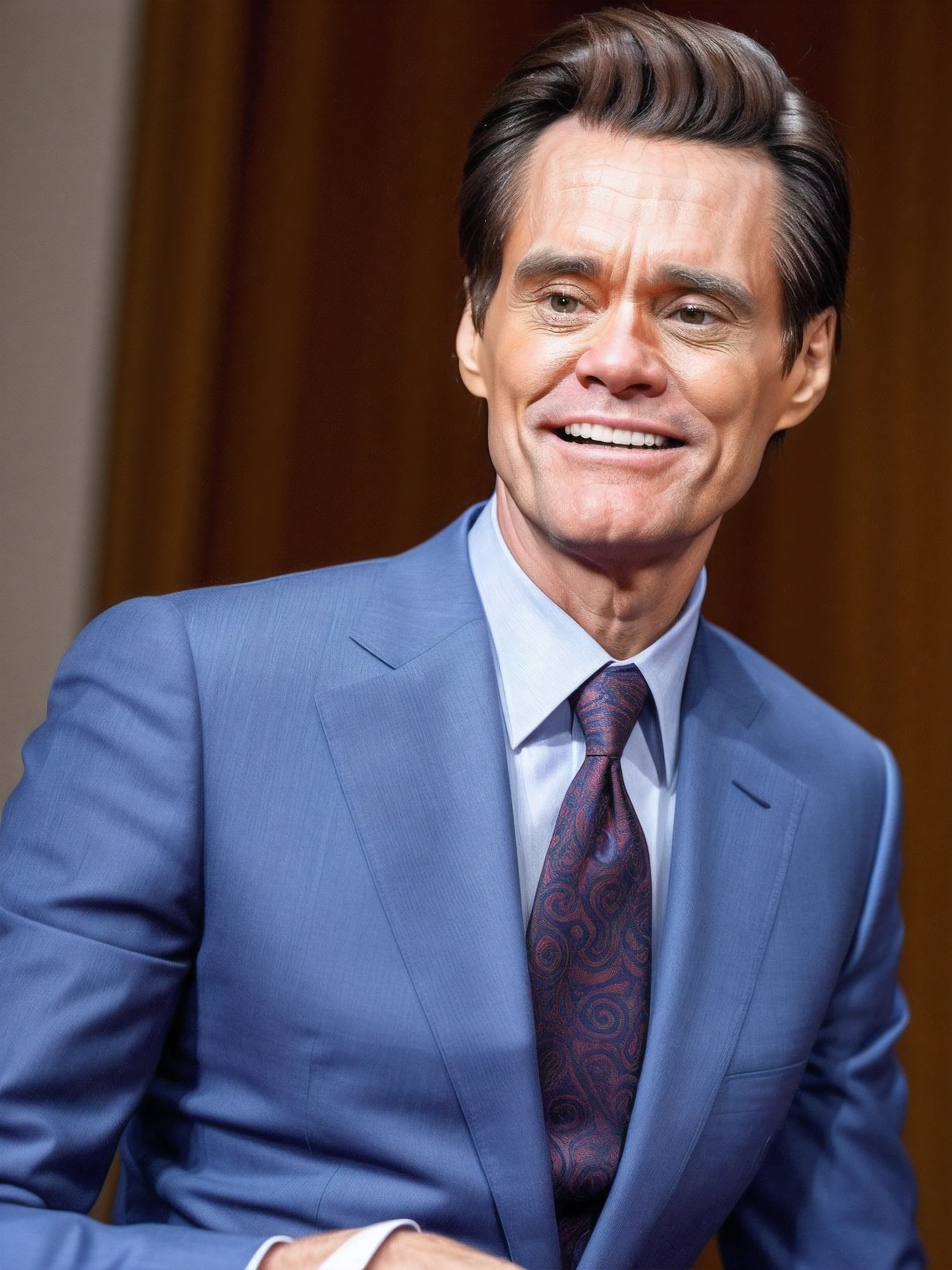((um homem, inspirado em Jim Carrey)), (com traje de terno social estilo advogado), Fotorealista, Autorretrato realista, imagem real, pele humana realista, 30 anos de idade.