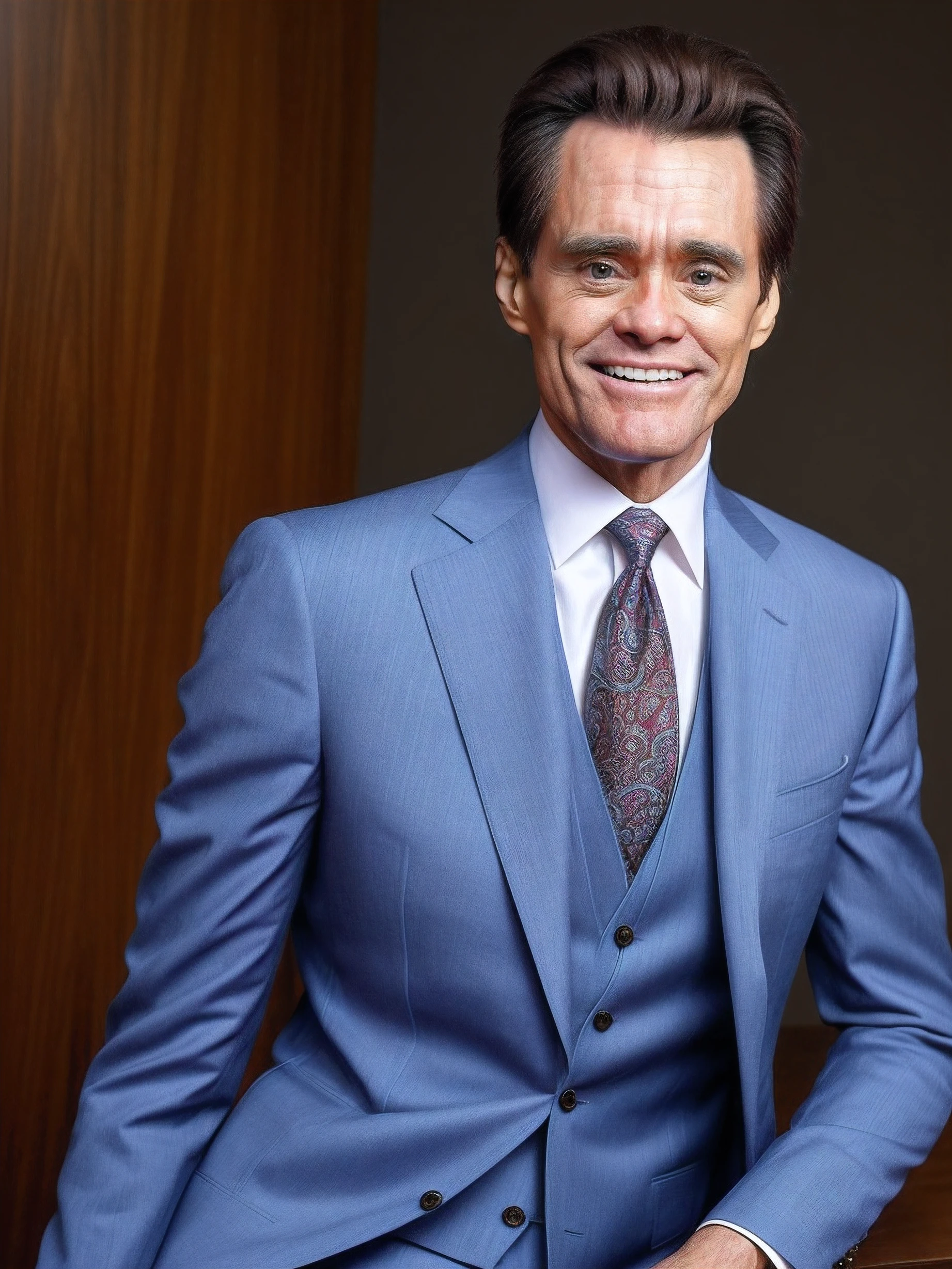 ((um homem, inspirado em Jim Carrey)), (com traje de terno social estilo advogado),  Fotorealista, Autorretrato realista, imagem real, pele humana realista, 30 anos de idade.