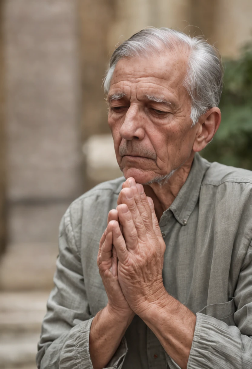 Crie a imagem de um homem idoso, sentado em um banco de igreja, with hands together in prayer. His wrinkles reveal the wisdom and experience of a life dedicated to faith. Describe the tranquil countenance and reverent posture of your hands, conveying a deep connection to the divine.