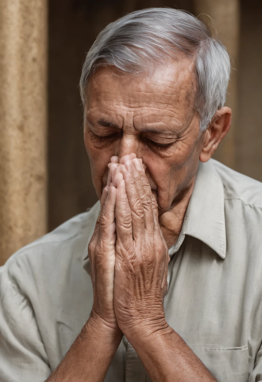 Crie a imagem de um homem idoso, sentado em um banco de igreja, with hands together in prayer. His wrinkles reveal the wisdom and experience of a life dedicated to faith. Describe the tranquil countenance and reverent posture of your hands, conveying a deep connection to the divine.