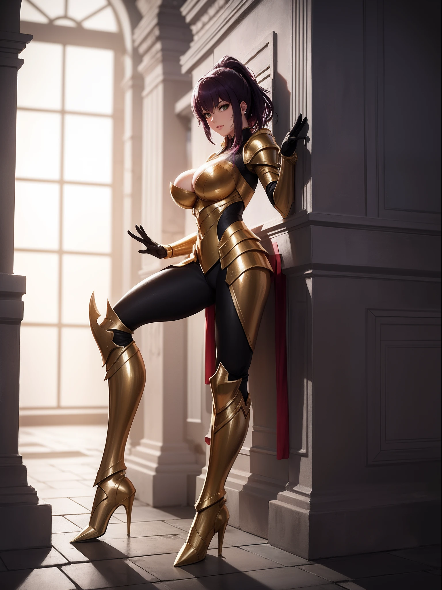 A woman, wearing gold armor+robotic suit covering her entire body, extremely large breasts, purple hair, short hair, hair with ponytail, hair with bangs covering the eye, helmet on the head, helmet on the head, (((staring at the viewer, pose interacting and leaning [on something|on an object]))), in the underwater temple of Poseidon, with many structures, altars, figurines, seabed with various structures, ((full body):1.5), 16k, UHD, best possible quality, ultra detailed, best possible resolution, Unreal Engine 5, professional photography, well-detailed fingers, well-detailed hand, perfect_hands, ((saint seiya - Mu of aries))