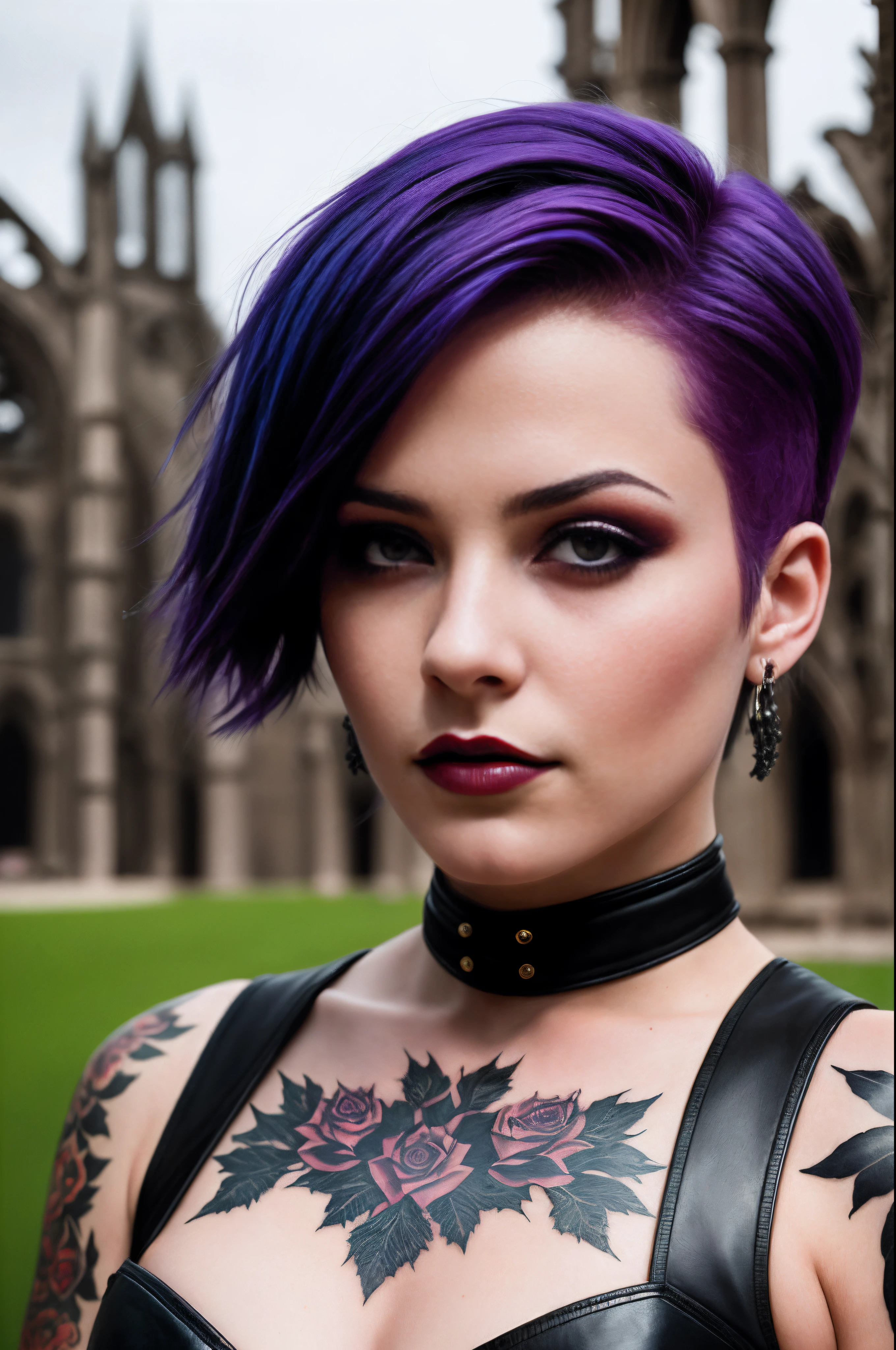 Malicious gothic girl, portrait shot, purple hair, short hair sides shaved:1.3, sensual pose, in red leather corset:1.2, (in the garden of a ruined gothic cathedral:1.2), tattooed, pierced, black makeup ,((slim, petite)), photorealistic, photo, masterpiece, realistic, realism, photorealism, high contrast, photorealistic digital art trending on Artstation 8k HD high definition detailed realistic, detailed, skin texture, hyper detailed, realistic skin texture, best quality, ultra high res, (photorealistic:1.4),, high resolution, detailed, raw photo, sharp re, by lee jeffries nikon d850 film stock photograph 4 kodak portra 400 camera f1.6 lens rich colors hyper realistic lifelike texture dramatic lighting unrealengine trending on artstation cinestill 800,