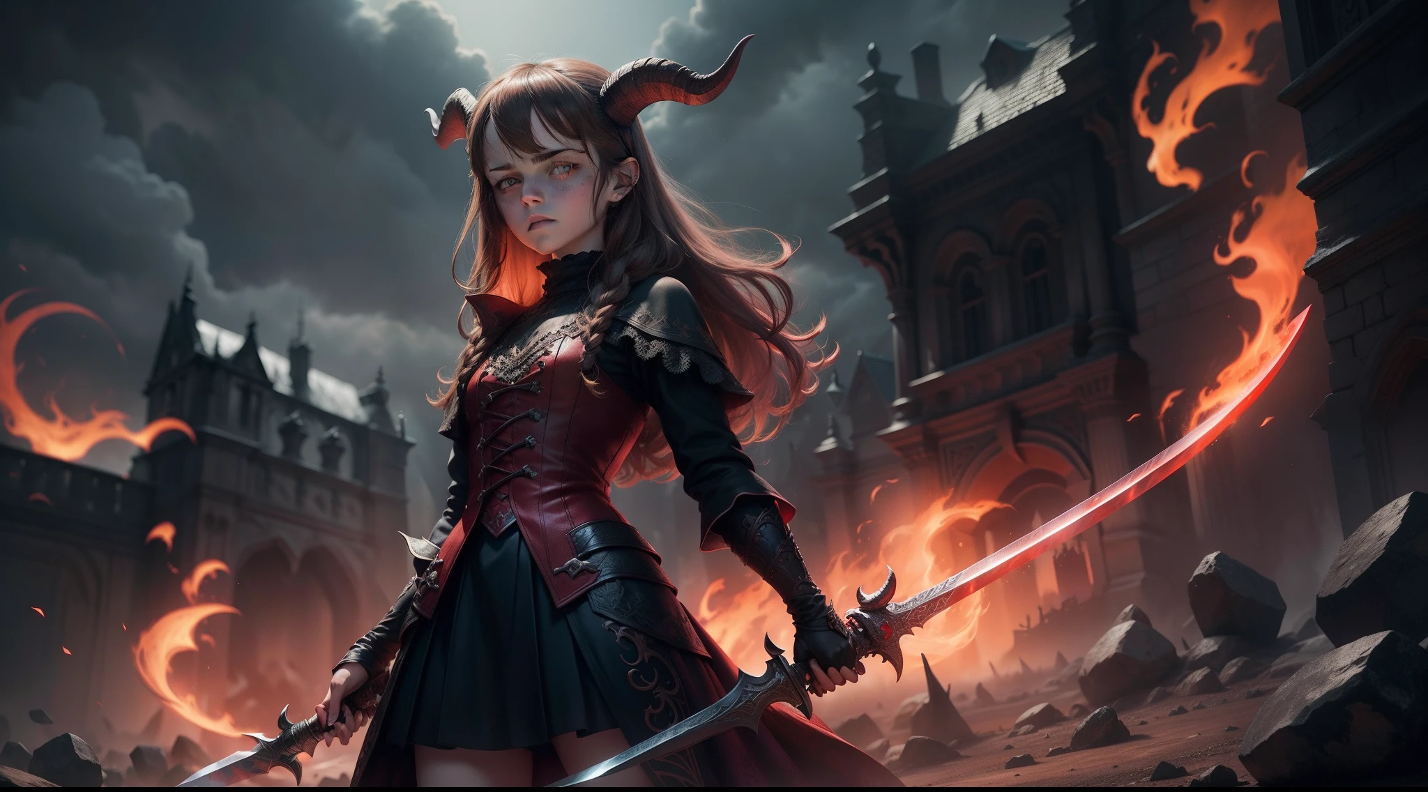 teen Emma Watson as a demon, dark red glowing eyes, high definition, detailed, intricate, goat horns, holding a sword, standing next to the abyss with flames all around. imps everywhere