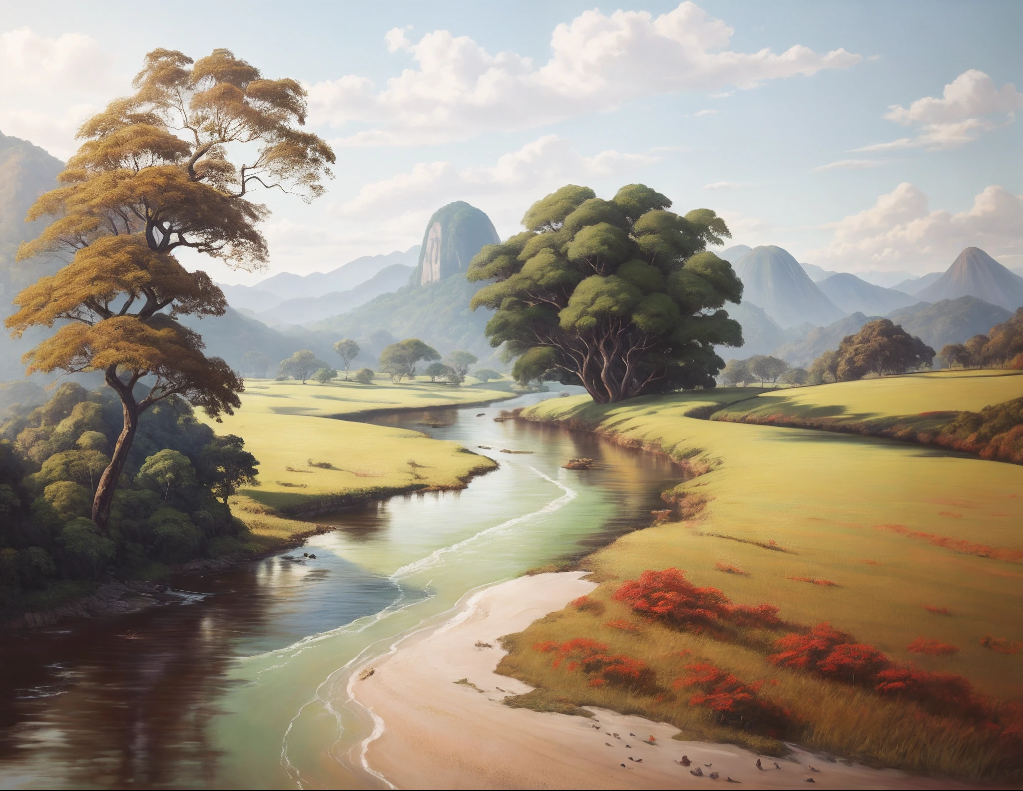 pintura de um rio que atravessa um vale verde exuberante com montanhas ao fundo, colinas fluidas, 8k resolution digital painting, 8k resolution digital painting, Pintura digital 4K, Pintura digital 4k, pintura digital detalhada, baixo detalhamento. pintura digital, Pintura Digital de Alto Detalhe, peaceful landscape, rio, trees and hills, pintura detalhada 4K, pintura digital 4k