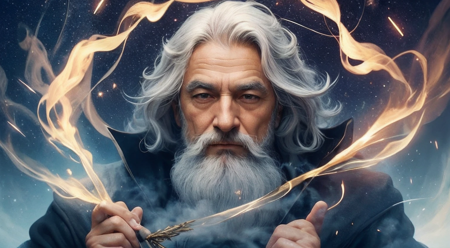 Um velho mago com uma barba grisalha crescente, a spell, spirits around, A dynamic pose, vento, smoke billowing, Sparks, Estrelas acima das nuvens, surrealismo, super realistic, cinemactic, cores silenciadas, Fantasy Universe sharp face background, Foto realista, More like Jesus but with a beard and white hair