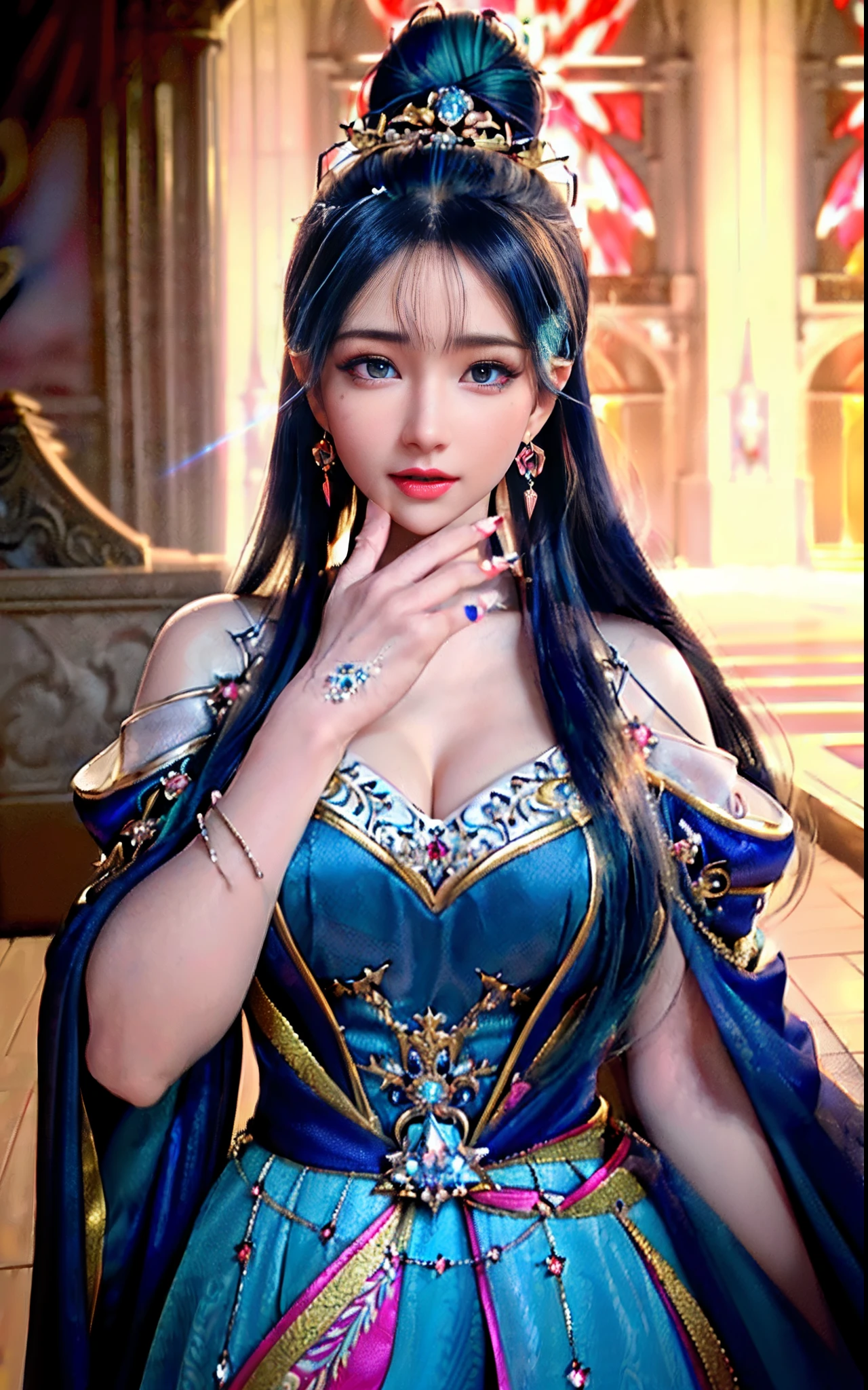 ((realisticity: 1.2)), ((best resolution: 8K UHD)), best quality,masterpiece,highres,cg,
((1 super detailed and super realistic girl)), ((very beautiful queen dazzling, super realistic, and super detailed)),((white skin, beautiful, smooth, youthful, super realistic and super detailed
)), long hair, ((super realistic and super detailed dress)), solo, ((super realistic, super beautiful, gorgeous and super detailed jewelry)), ((super beautiful, super realistic and super detailed dark blue and golden yellow dress)),
((super beautiful, super realistic, super detailed diamond filled earrings)),
  ((super beautiful, super realistic and super detailed diamond filled hair ornament)), ((super beautiful upper body, super beautiful, super realistic and super detailed)), ((big breasts: 2.5)), 
((super grand, super realistic and super detailed royal palace backgroun))
((super beautiful, super beautiful, super realistic and super detailed hair bun)), ((super beautiful, super realistic and super detailed blue hair)),
candid, Photograph, high resolution, 8k,Bokeh,