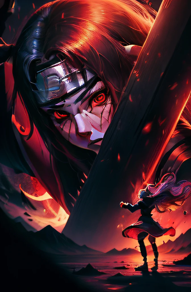 Lulu /(league of Legends), Itachi /(Naruto), epic fight, two persons,Lulu against Itachi, blood, magic, dark fire