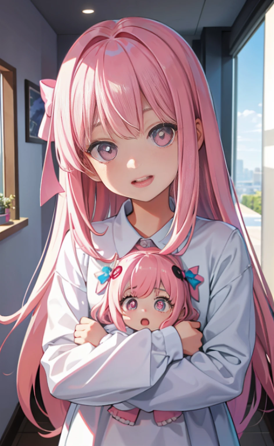 teens girl,a baby face,Pink pupils,A pink-haired,long whitr hair,The mouth opens wide,Stick out your tongue,roll eyes,Be red in the face,gasps,Shift your gaze,Frontal photo,get down on the bed,Wear only one piece of light yarn
