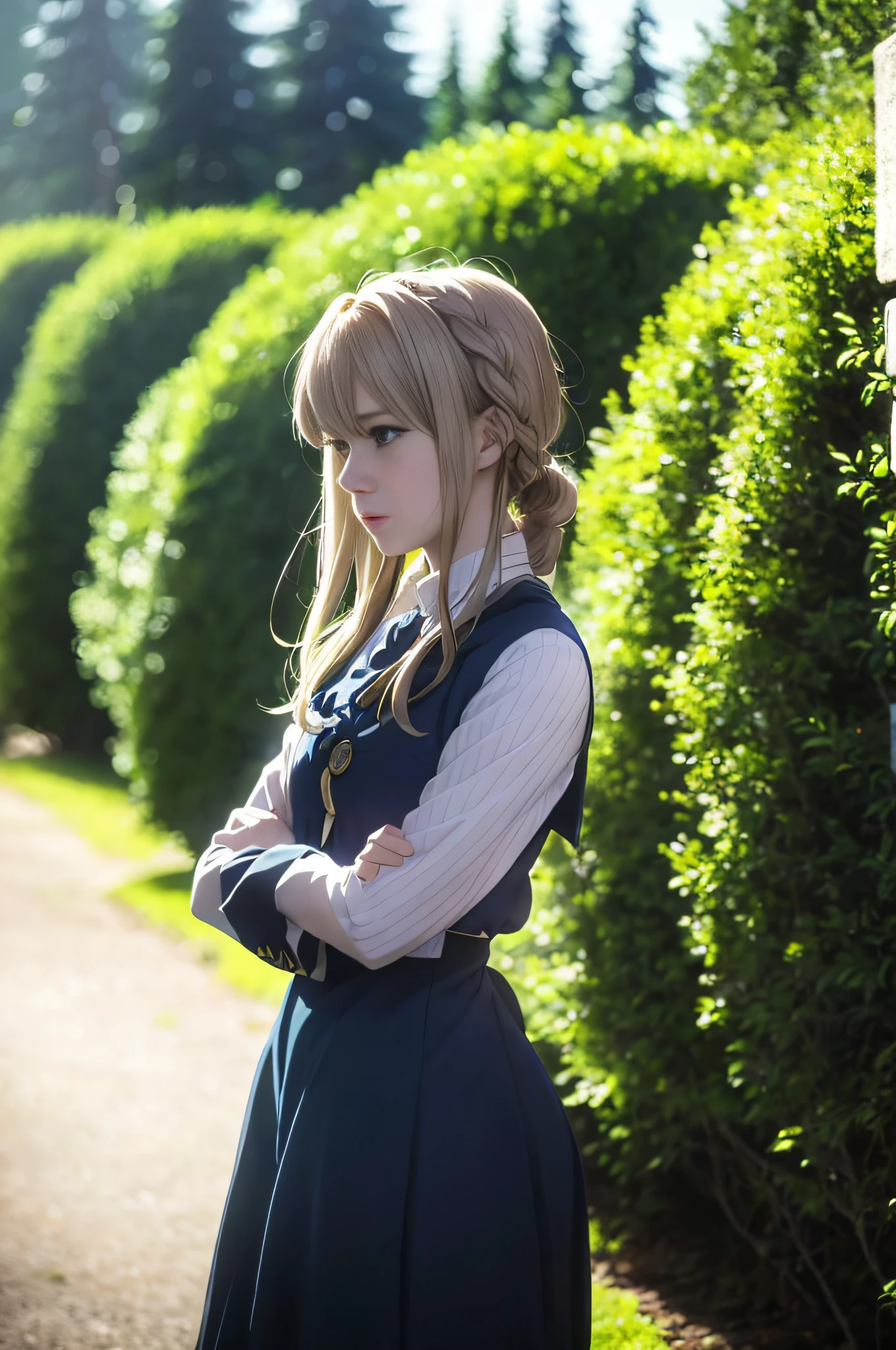 1girl, violet Evergarden from anime violet Evergarden garden, cosplay girl, With a sad expression, with a forest background, realistic, 4k