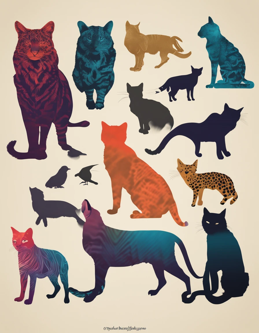 Silhouettes of various animals combined into a complete cat design poster