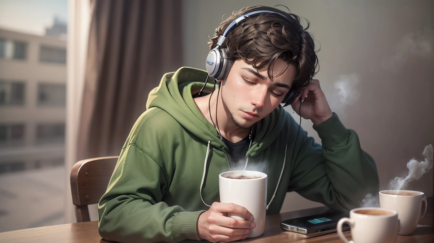 A boy, solo, sitting, on a sunny morning, with a steaming cup of coffee on the table in front of him. He's wearing a green hoodie, with headphones in his ears, and he's completely immersed in the music he's listening to. His eyes are closed as he shakes his head gently to the rhythm of the music. As the music continues, he starts humming along, still with his eyes closed. How does he feel about starting his day this way? What is he thinking as he listens to the music?
