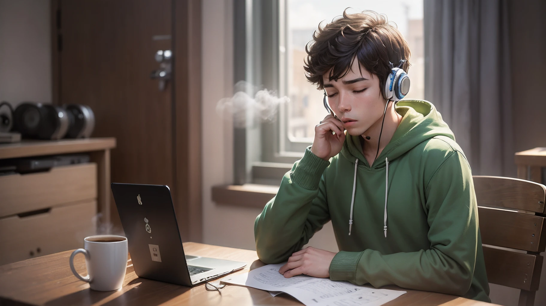 A boy, solo, sitting, on a sunny morning, with a steaming cup of coffee on the table in front of him. He's wearing a green hoodie, with headphones in his ears, and he's completely immersed in the music he's listening to. His eyes are closed as he shakes his head gently to the rhythm of the music. As the music continues, he starts humming along, still with his eyes closed. How does he feel about starting his day this way? What is he thinking as he listens to the music?