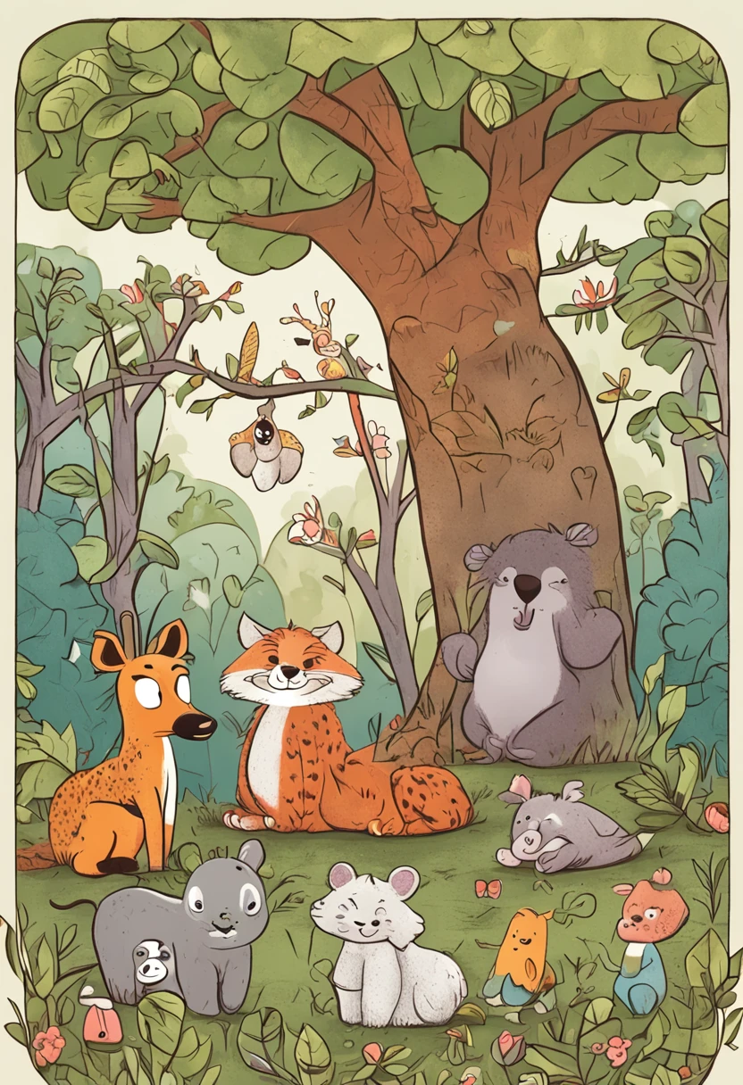 estilo infantil, livro infantil, uma arvore na floresta com diversos animais ao redor, bonita, alegre, divertida