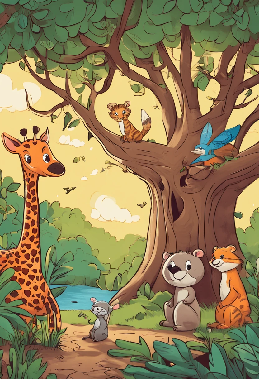 estilo infantil, livro infantil, uma arvore na floresta com diversos animais ao redor, bonita, alegre, divertida