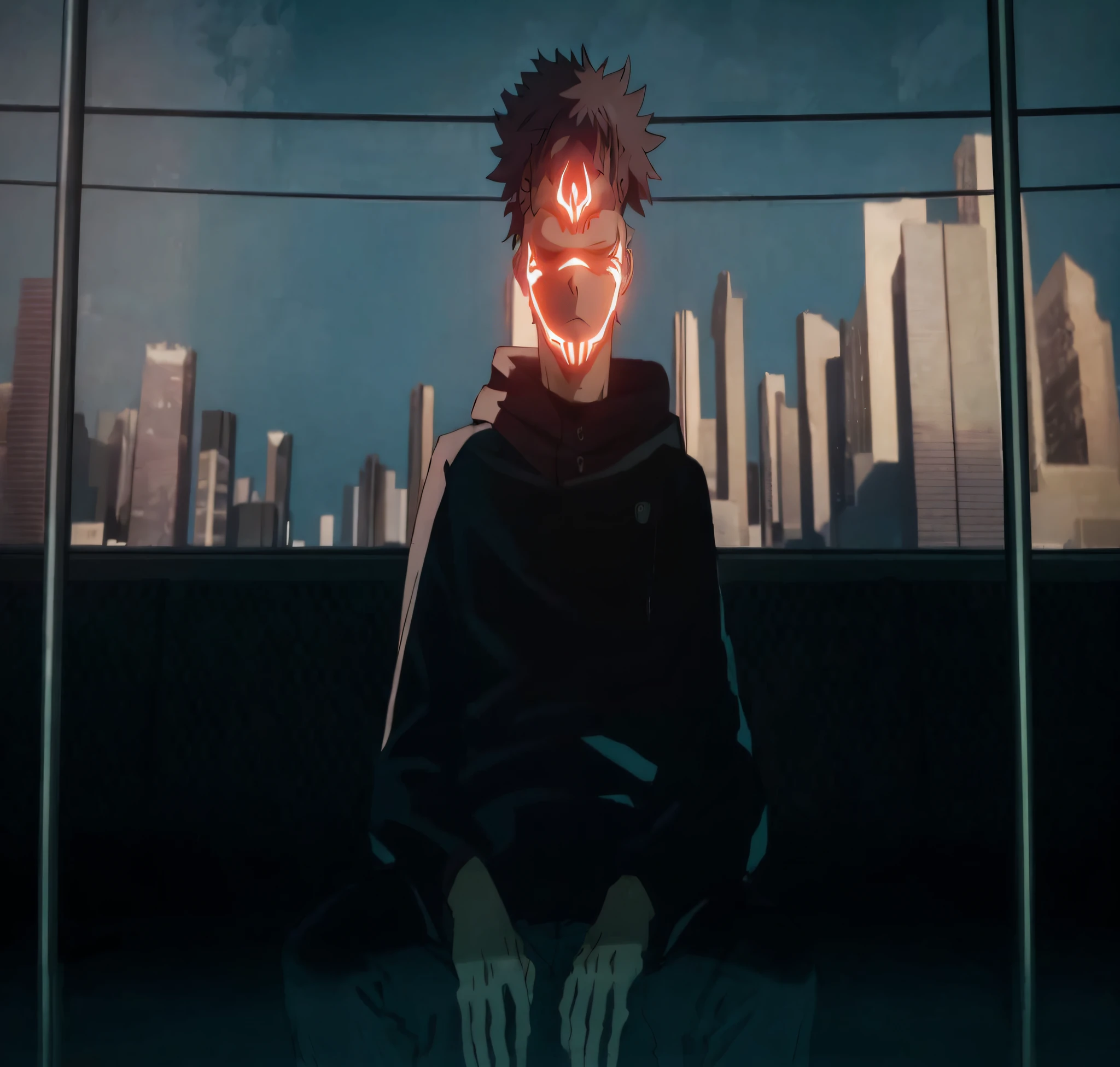 Neon mask anime character sitting in front of a window, badass anime 8 k, Jujutsu Kaisen, Melhor Anime 4K Konachan Wallpaper, Estilo de arte ufotable, com olhos vermelhos brilhantes, Gatilho Estilo de Arte de Anime, Akira Akatsuki, inspirado em Shingei, Anime Wallaper, arte digital do anime cyberpunk, Anime cyberpunk moderno