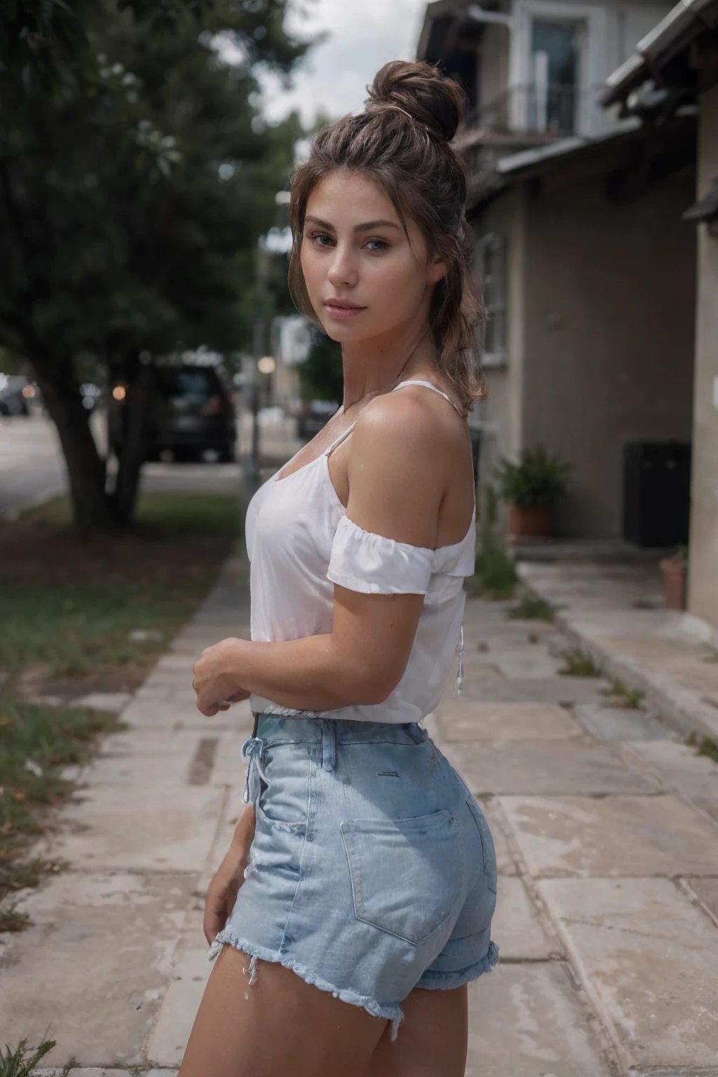 (best quality:1.4), (ultra highres:1.2), (photorealistic:1.4), (8k, RAW photo:1.2), 1girl, photo of jasminvoigt casual clothes, outside, upper body, hair in a bun, posing