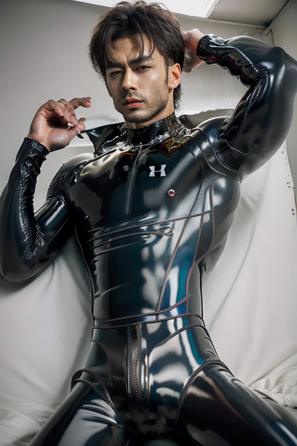 A male，chineseidol，Muscular body，large muscle，fully body photo，Lie down in bed，latex jumpsuit， latex shiny, latex legwear，latex glove，Wear latex clothing, wearing tight suit, Smooth pink skin, catsuits, Wearing latex, shiny plastic, shiny metallic glossy skin, Sparkly Colors, latex outfit, chrome bodysuit, cyberpunk glossy latex suit, Shiny, futuristic glossy latex suit　shyexpression　sullenness　Irritated