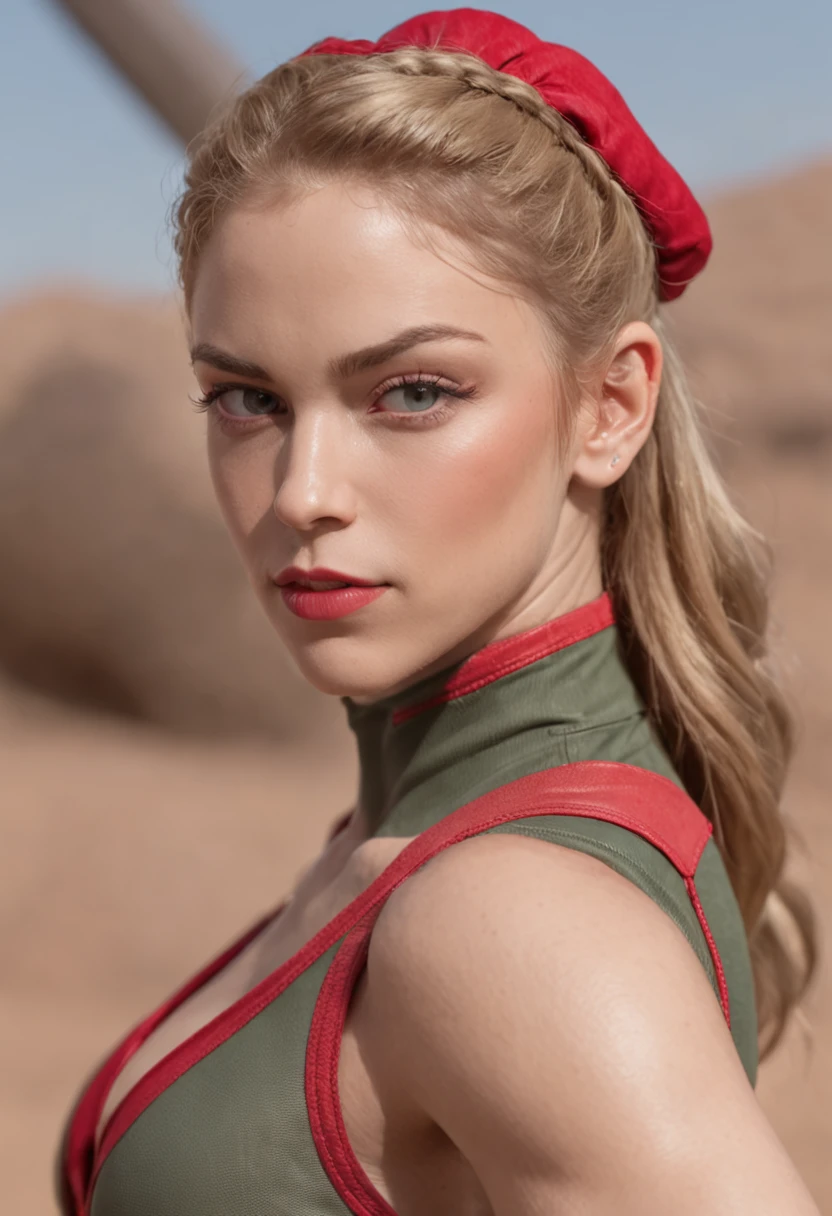 A imagem retrata Cammy, o personagem de Street Fighter, wearing her iconic classic look. (She's dressed in a tight combat suit, boina vermelha, Military camouflage print of high legs leotard, botas vermelhas, Longas : 1.2), highlighting your beautiful body and showing your physical strength. His face is extremely beautiful, with delicate and expressive features. The image was captured in incredible 8K using the Canon EOS R6, resulting in maximum quality and sharp details. Every aspect of the image is a true masterpiece, highlighting the dedication to detail and artistry behind this depiction of Cammy