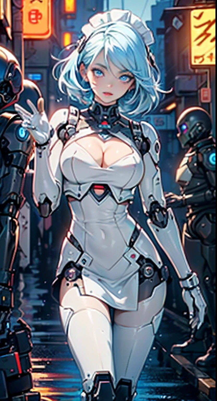 reelmech,(cyborg girl),(cyborg girl:1.5),
maid android,(((1girl))),((mechanical robot girl with extremely cute and beautiful pale blue hair)),
(large breasts:1.4),saggy breasts,(((pale blue bob hair:1.35,colored inner hair,short hair,ear breathing))),(((doll))) ,((((pale blue eyes,pale white skin,doll joints:1.5,mechanical hands:1.5,silver armored dress,tesla coils,maid mechanical doll:1.5,Body of a machine:1.5,metallic skin,ball joint,no facial features,cyborg:1.5, robotic parts:1.5,robot:1.5)))),((blue eyes:1.3,upturned eyes:1.3,perfect eyes,beautiful detailed eyes,gradient eyes:1,finely detailed beautiful eyes:1,symmetrical eyes:1,big highlight on eyes:1.2)),((fat)),(((lustrous skin:1.5,bright skin: 1.5,skin tanned,shiny skin,very shiny skin,shiny body,plastic glitter skin,exaggerated shiny skin,illuminated skin, wet legs))),(spider lower abdomen,narrow waist,wide hip,detailed body,(detailed face)),((Mechanical joints: 1.4,Mechanical limbs)),
cute,slutty,seductive,erotic,(((nsfw))),
(maid headdress),bare_shoulders,delicate metal decorations,Headdress,(maid),sleeveless,miniskirt,boots,cleavage_cutout,bare_legs,((wet clothes,detailed outfit,detailed clothes)),
(dynamic pose:1.0),embarrassed,(centered,scale to fit dimensions,Rule of thirds),
cyberpunk city by the ocean at night, with bright neon signs and dark stormy clouds and puddles,
High resolution, sharp focus, (ultra detailed, extremely detailed), (photorealistic artwork:1.37), 8k wallpaper,((synthwave background theme)),((vibrant colors)),(intricate),masterpiece,(best quality),