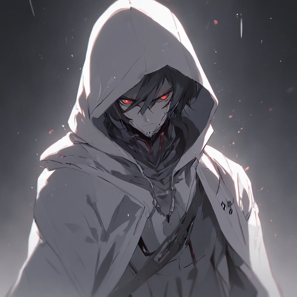 Concept art of a computer game character, blackandwhite, in two projections, An assassin man in a white hooded suit, gray background, Simple black lines, simplified