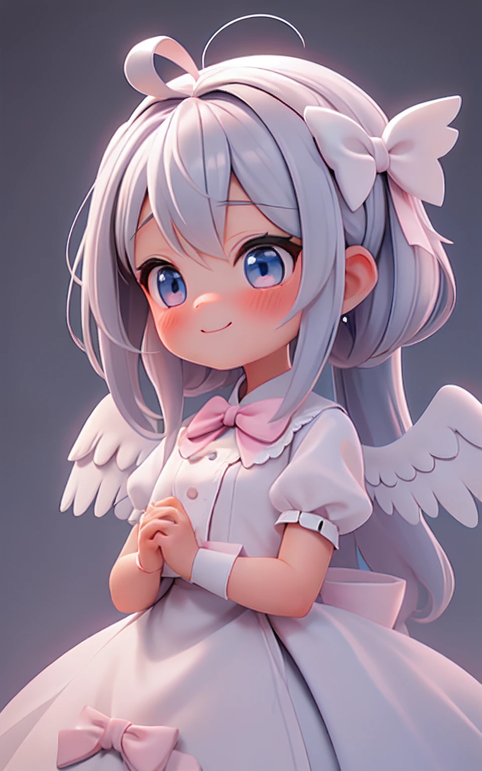 Pixar, 1girl in, Angelic appearance, (Silvery hair:1.3), (Bow:1.3), Eyes are blue, blush, Looking at Viewer, (Ahoge:1.2), (Mouth wide open:1.4), (Surprised expression:1.2), Hair Bow, (white wings grow:1.3), White and beautiful clothes, (One large ribbon in the hair:1.1), Solo, Bangs, child, pink bows, A , Put your hands on your face, Upper body, 6-year-old g