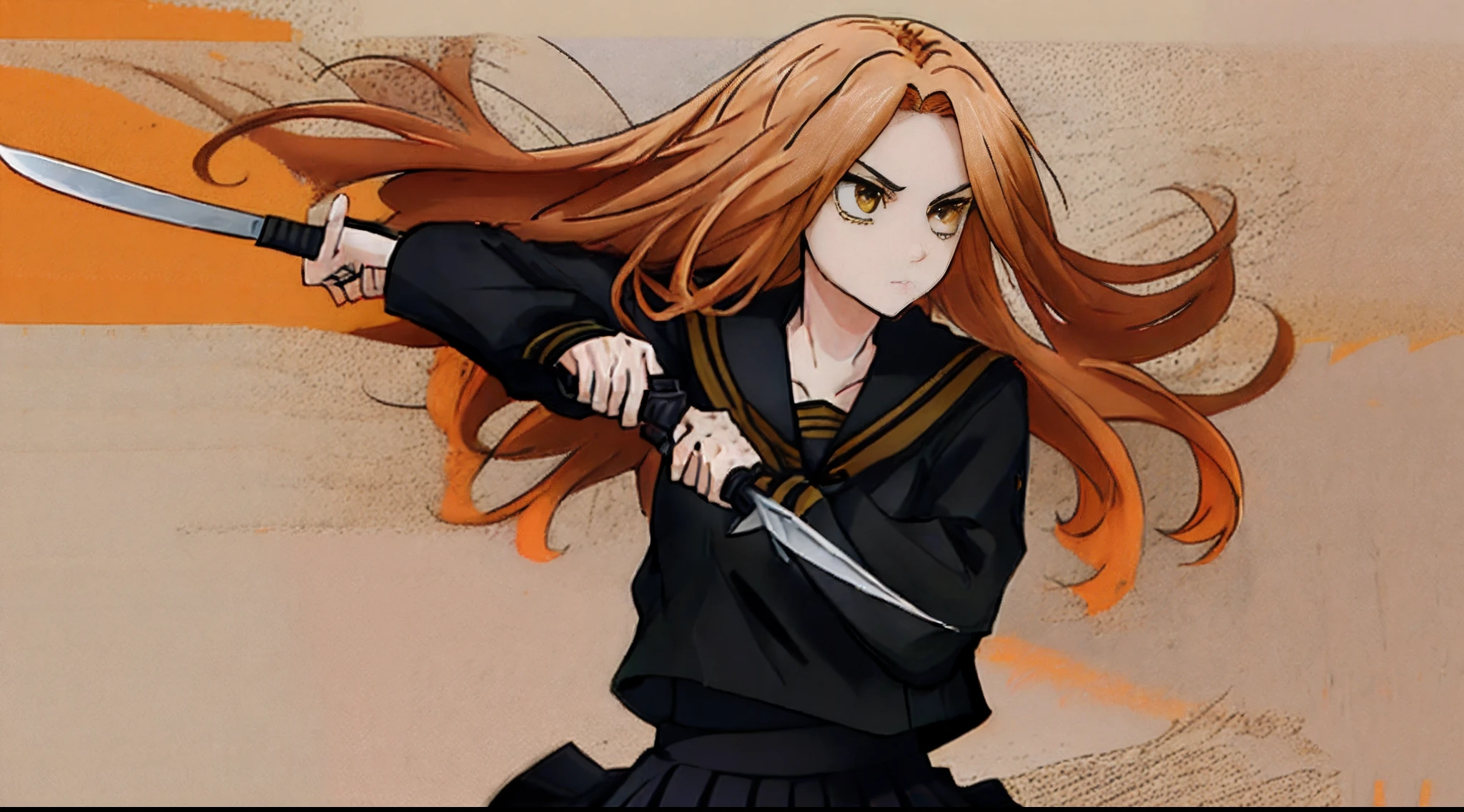 Yuzuha Shiba, yellow-orange eyes, medium-length ginger hair, and narrowly shaped eyebrows. Tokyo Revengers, anime screencap, an anime style girl is holding a knife by her side with another animated character in front of her, knife, holding knife,school uniform, ginger hair, skirt, holding