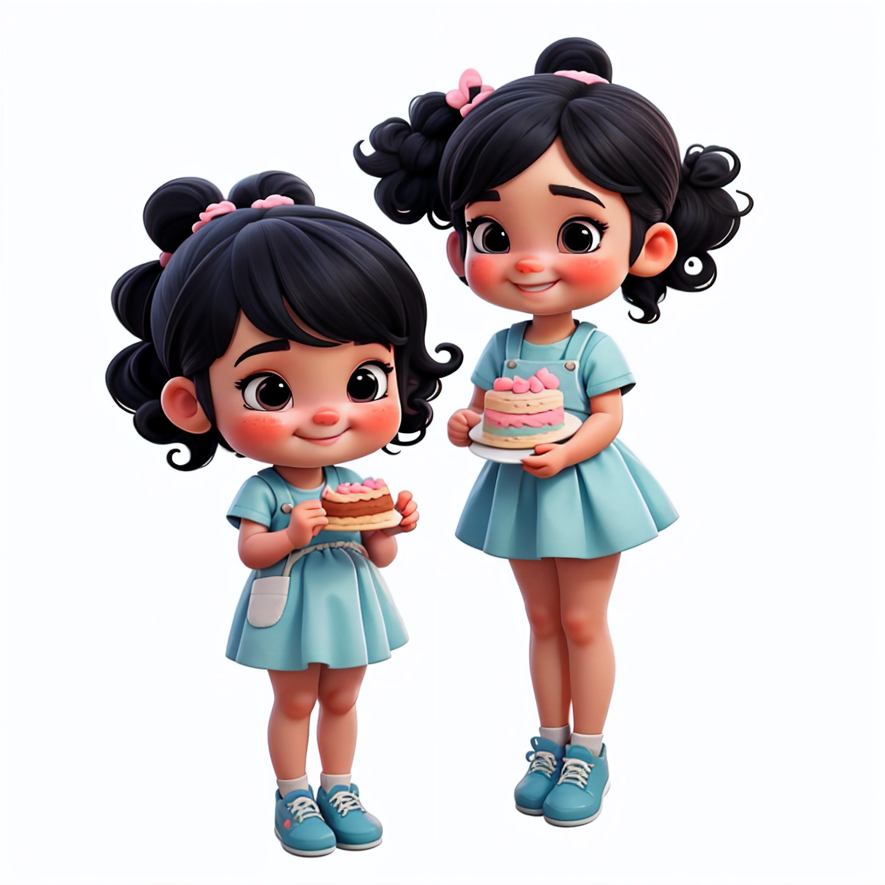a cute little girl ((((baby style)))) in a pastry chef, chibi style, she has (((short black hair))), ((((hair tied back with two ponytails))))), ( ((curly hair))), brown eyes, she is smiling, she is wearing a pink and blue dress, with white shoes, she is holding a slice of cake with icing, she is standing, full body, with her backdrop in plain white background, add light details and a lot of quality, your hands are perfect with a lot of details