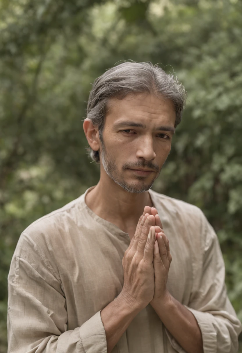 Imagine um jovem homem, ajoelhado em um jardim, with hands clasped to his chest, In prayer, highlighting his expression of gratitude and hope. Descreva o semblante tranquilo, bem realista, and the reverent posture of his hands, conveying a deep connection to the divine.