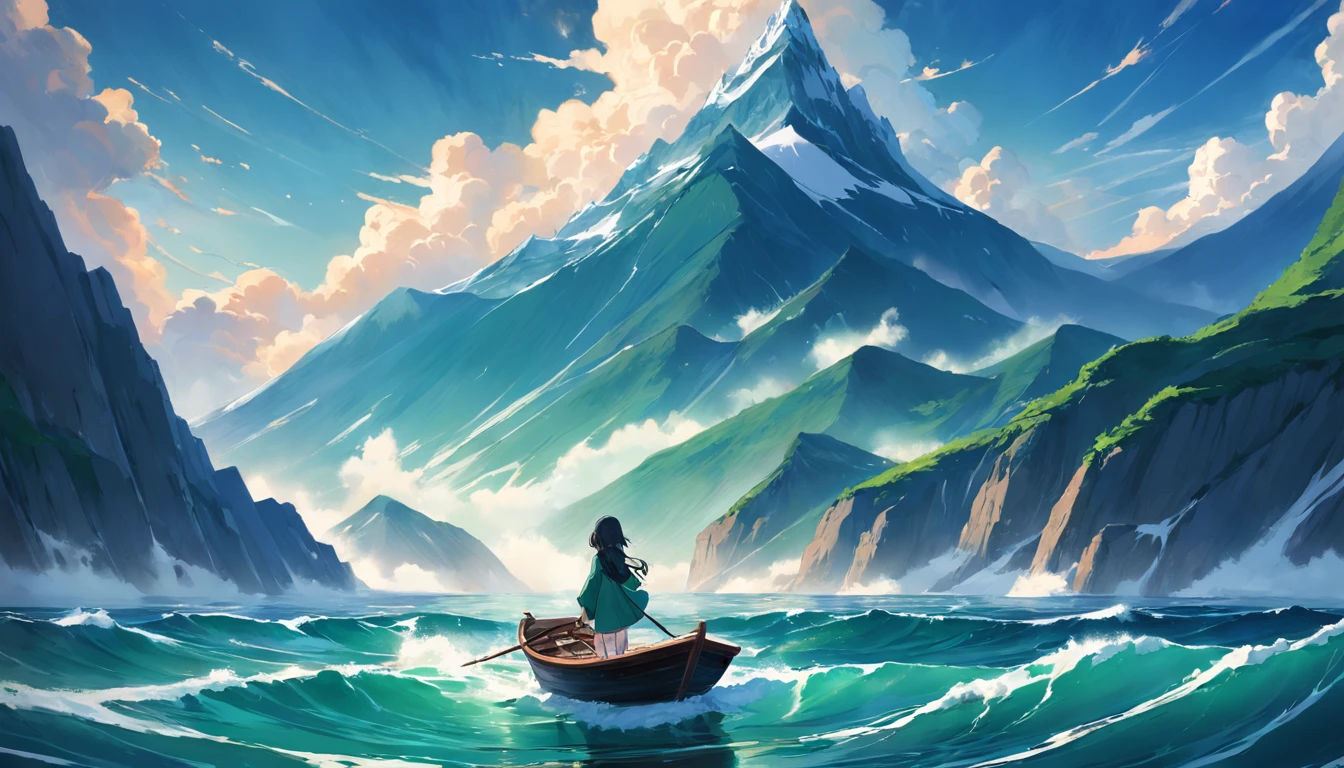 A lone woman gracefully sailing in a small boat, gentle waves caressing her vessel, enveloped by the majestic beauty of emerald-snow mountains and the serene charm of a deep blue ocean.