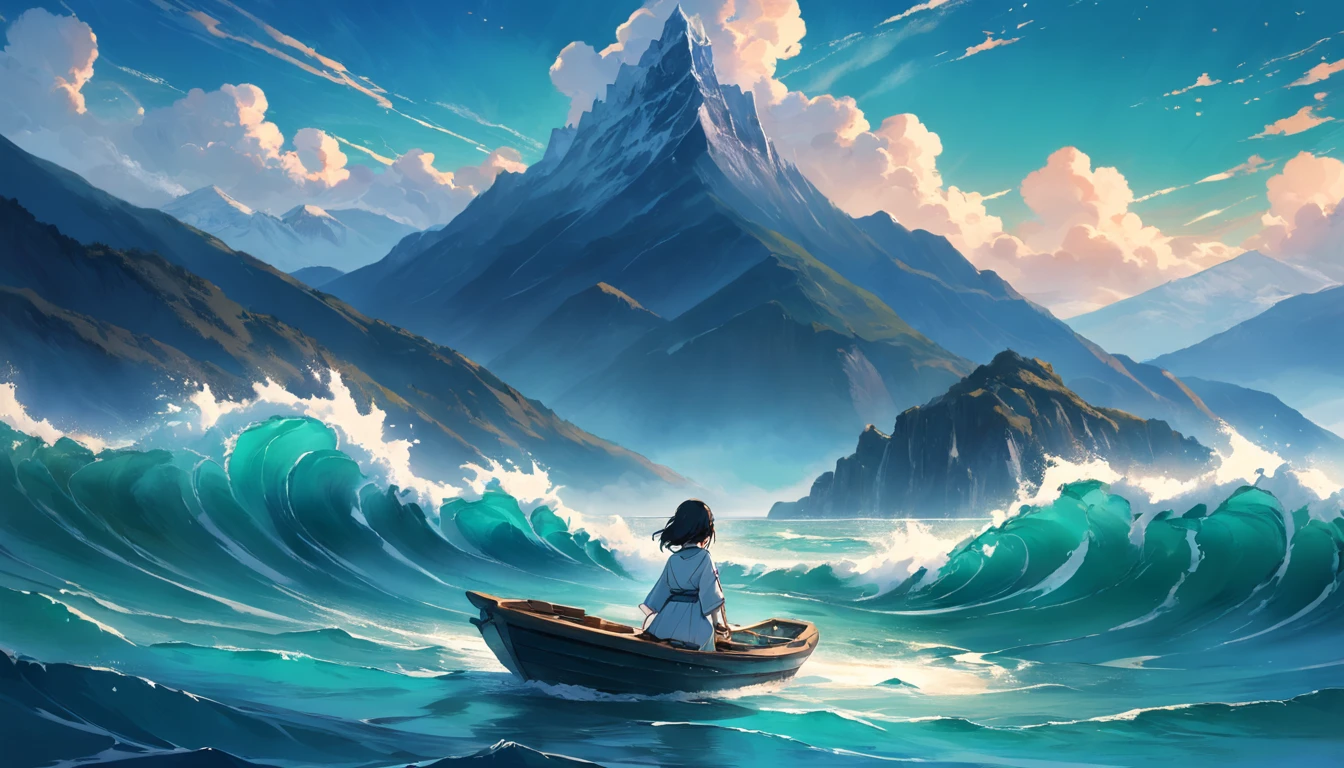 A lone woman gracefully sailing in a small boat, gentle waves caressing her vessel, enveloped by the majestic beauty of emerald-snow mountains and the serene charm of a deep blue ocean.