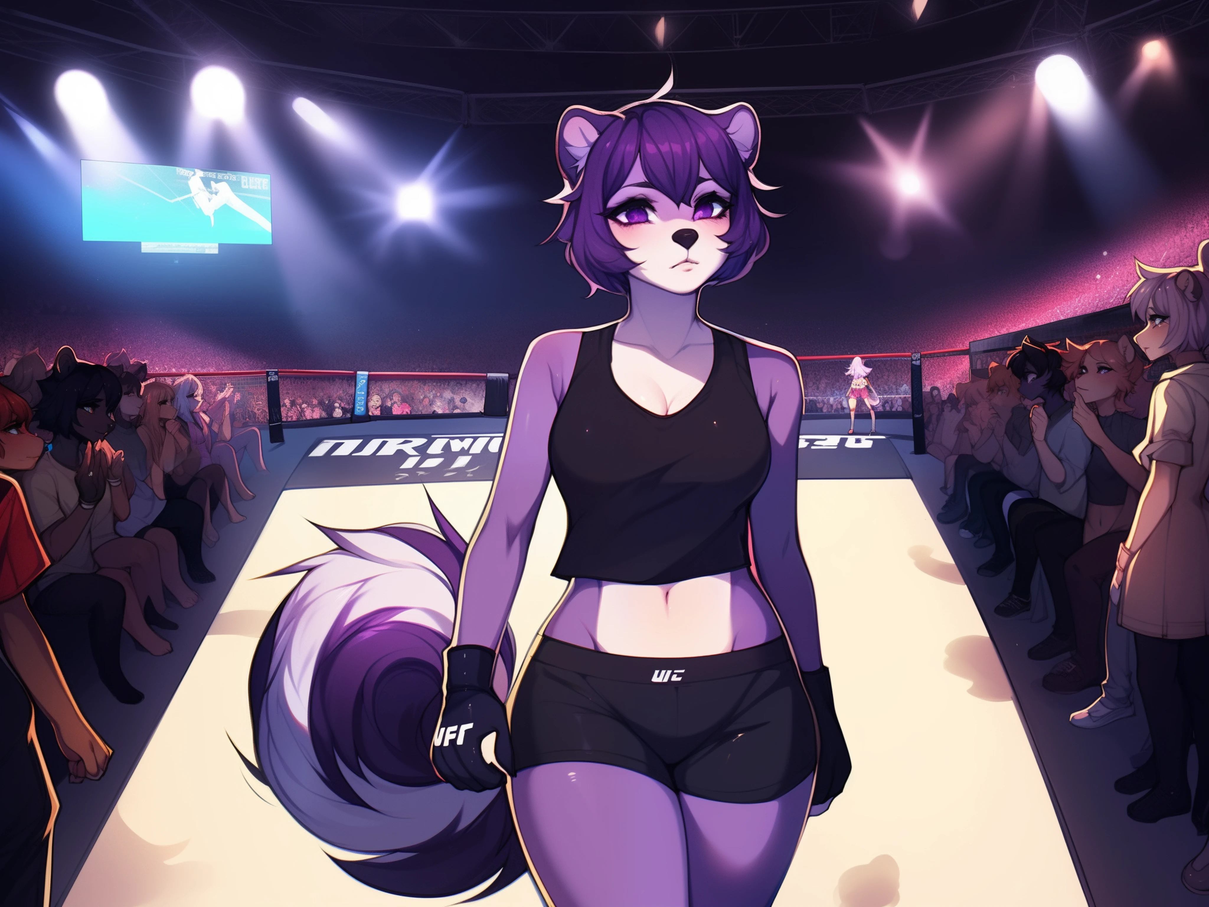 (By hyattlen, by fumiko, by claweddrip:1.2), solo, one girl, a purple anthro furry skunk girl, female, feminine body,  (purple_body, light_purple_chest):1.1, black nose, (cute snout:1.1), purple skunk tail, dark purple hair, highly detailed, wearing black tank top, black ufc gloves, exposed fingers, black shorts, entrance walk, on a catwalk, in a ufc stadium, huge crowd, audience, serious face, wearing ufc gloves,