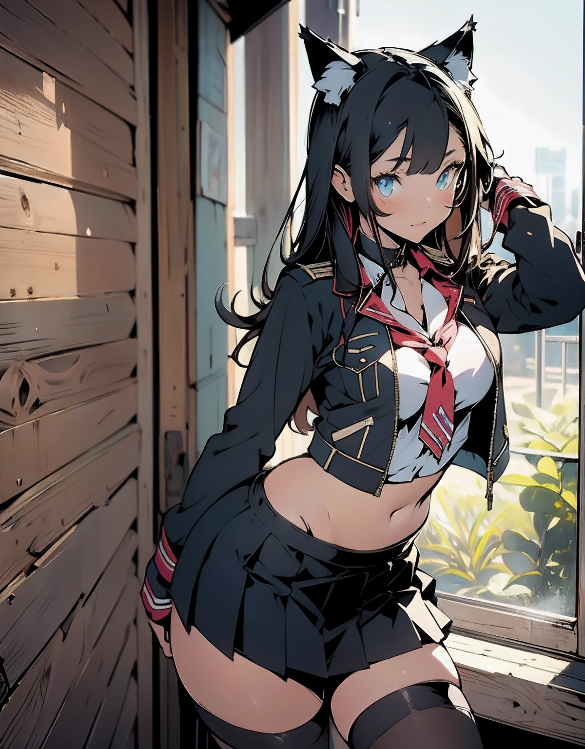(masterpiece, best quality), beautiful girl, uniform skirt ((catgirl)) (detailed beautiful eyes) underwear, full body shot, visible bellybutton