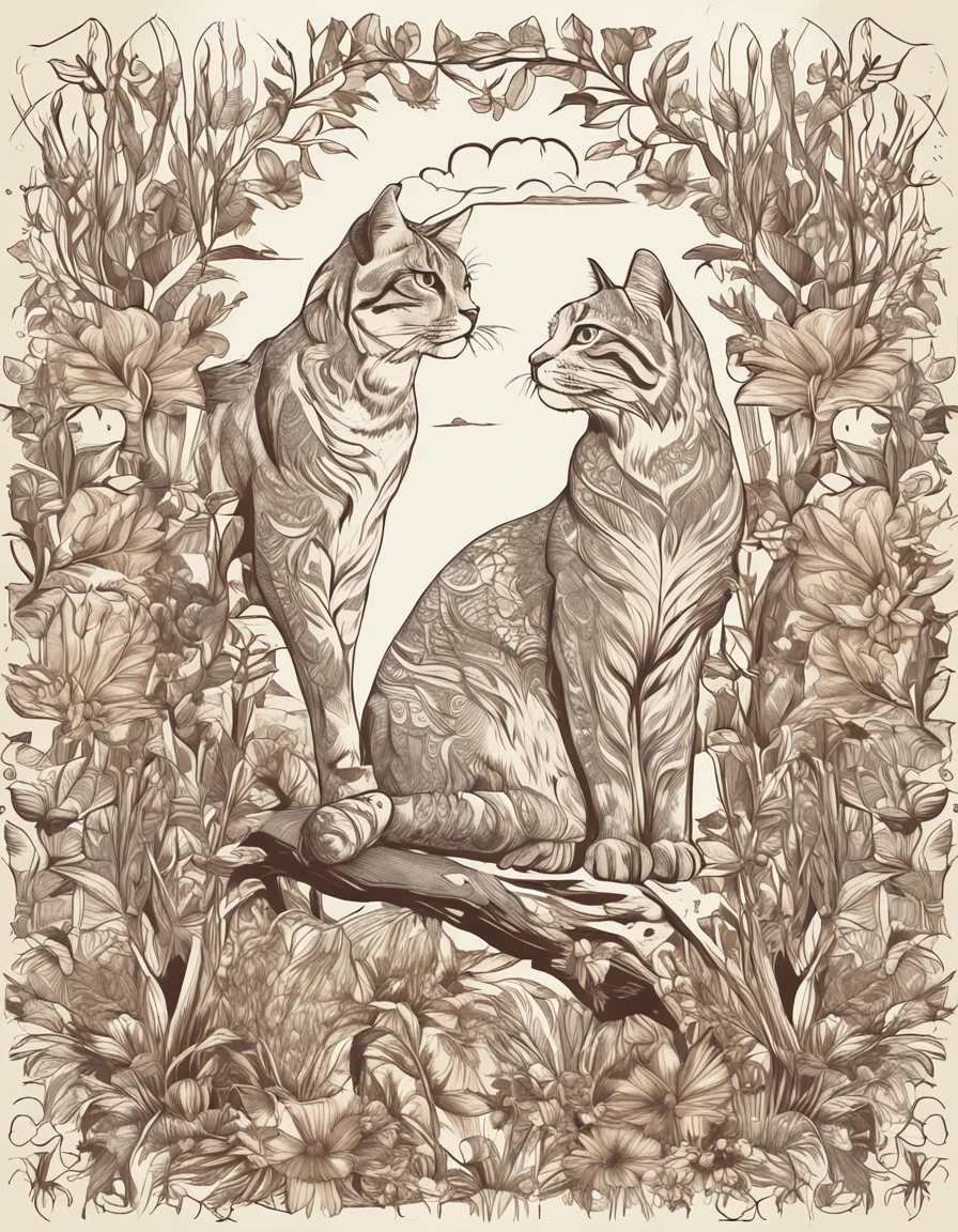 Cat & Wildlife Design Poster, Ultra HD quality, Extremely delicate, Rich in color, Wildlife communities, Light with dramatic effect, Dense woods, Natural light, Highlighted protagonist owl, Other wildlife surrounds the surroundings, Surrounded by flowers and plants, The detailed depiction of the animals is exquisite, The lens focus adapts to the subject, Hand drawn style illustration effect.