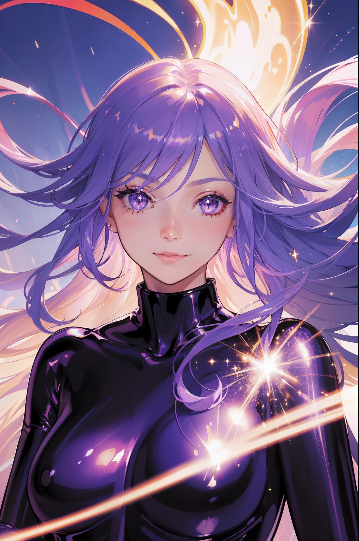 masterpiece, best quality, beautiful detailed hair detailed face, perfect feminine face, big almond-shape eyes, smile, happy, a beautiful and cute girl with sparkling and glowing purple hair, latex bodysuit wearing, long sleeves, purple latex, shiny latex, (close-up potrait:1.2), floating hair by wind, (sparkle particle), lens flare, sharp focus, volumetric lighting