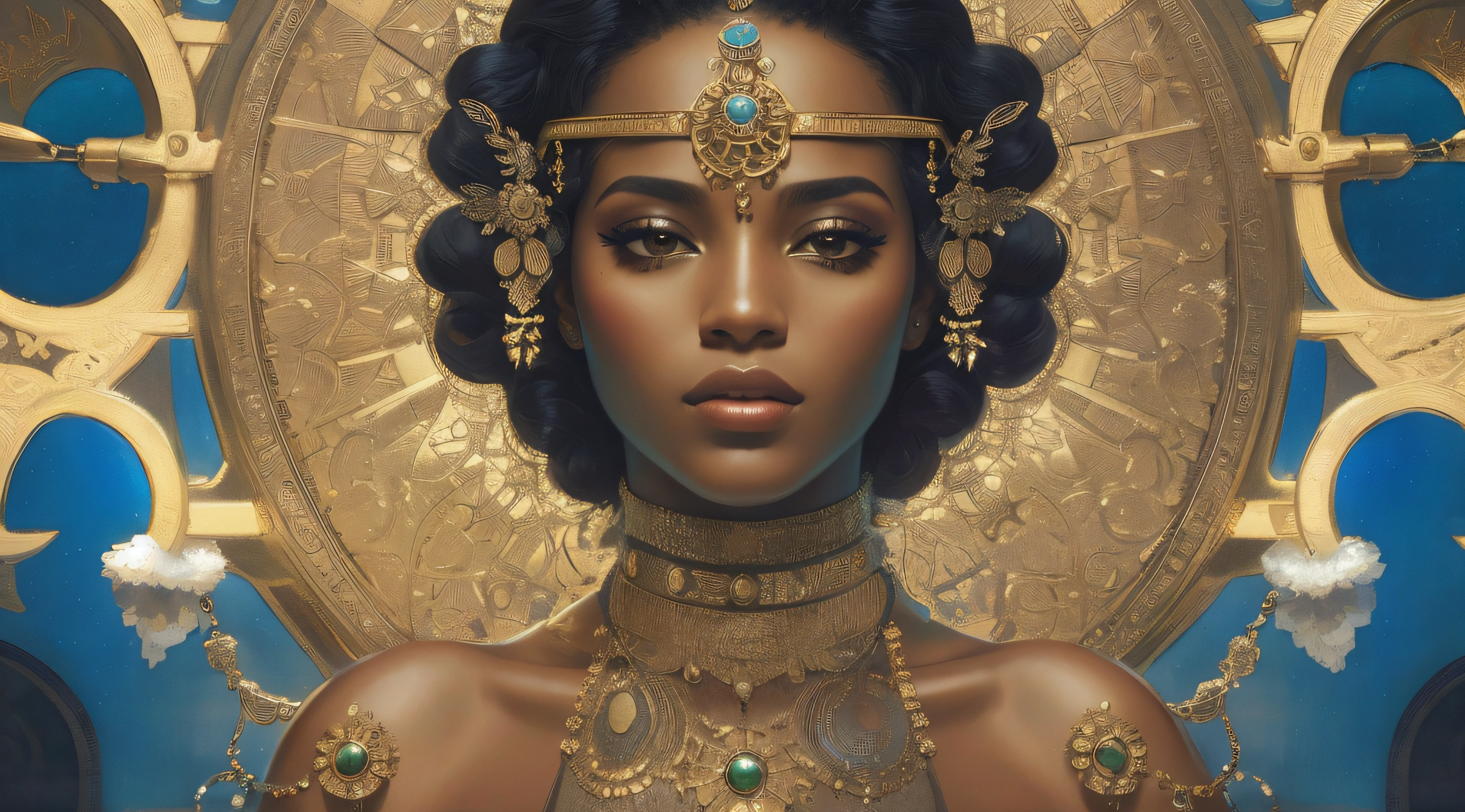 Ghotic woman afro cut with big bare breasts and piercing on the  of gold chains
