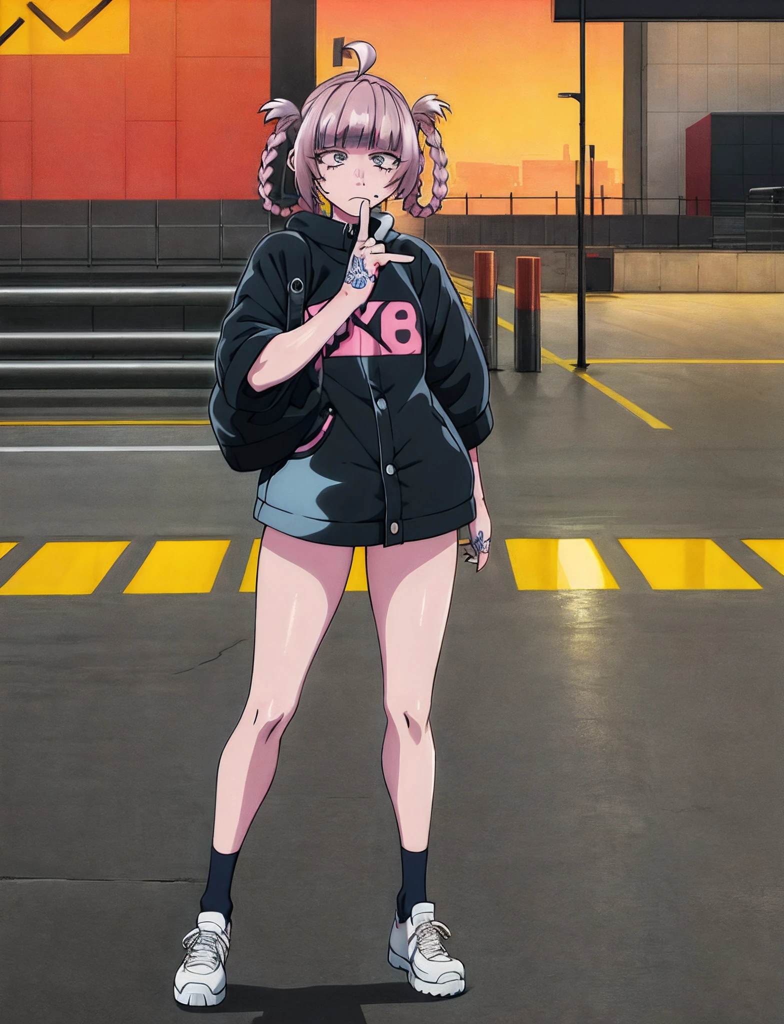 delinquent street punk in emo style clothes standing in refinery holding up the middle finger, looking at viewer, 1menina, Nanakusa Nazuna ,anime Yofukashi no Uta, braid, (huge ahoge:1.3), angry, closed mouth, frown, standing, torn clothes, piercings, jewelry, tattoos, finely detailed background, amazingly intricate background, incredibly absurdres, best quality