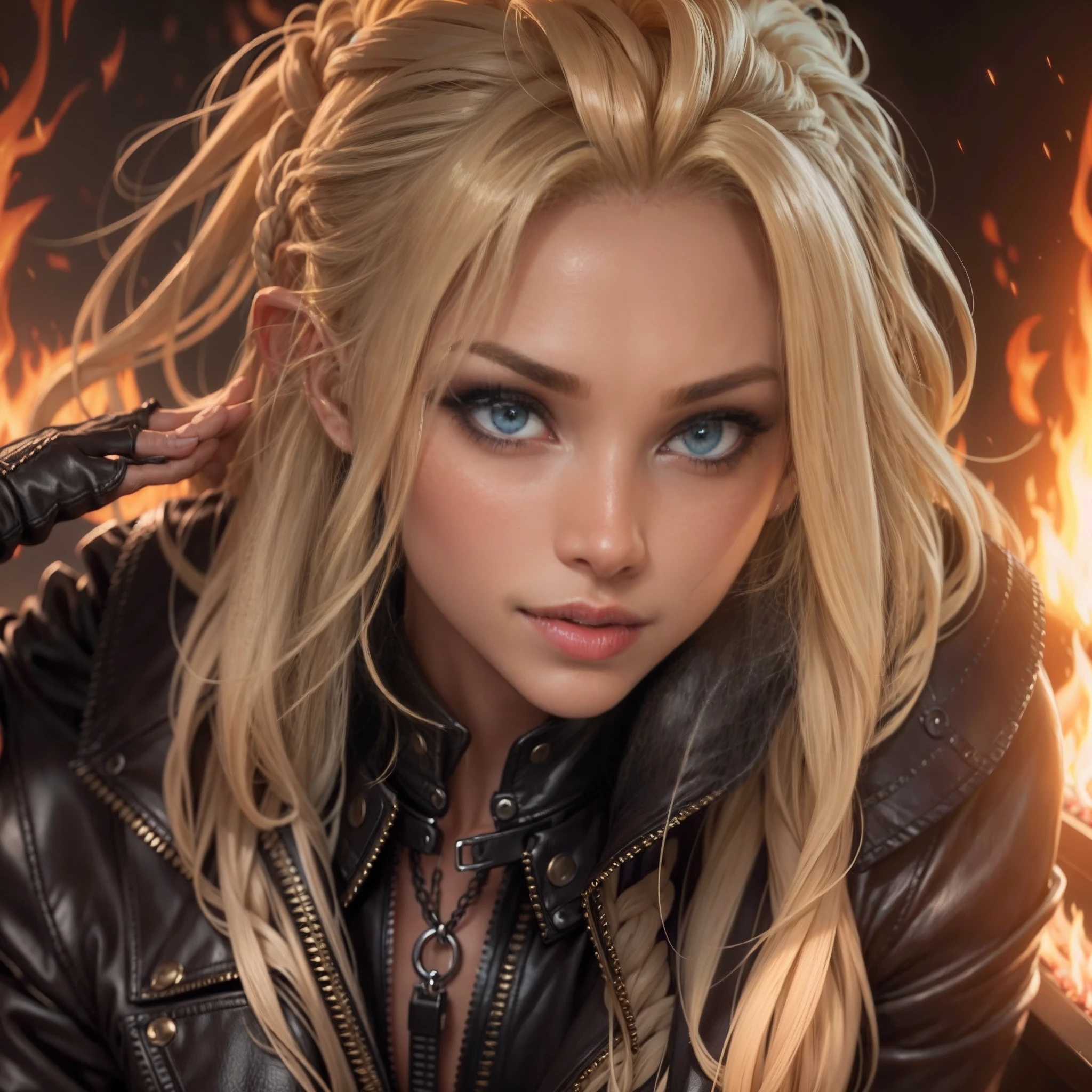 Blonde woman in leather clothes posing in front of a fire, deusa bonita, Fantasia sedutora, blonde hair, dreadlocks, cabelo entre os olhos, pupilas dilatadas, eye reflection, aqua eyes, licking lips, sorriso sedutor, Estilo anime, raios de deus, ray tracing, tiro de cima, UHD, master part, pele texturizada, super detalhe, best quality, 16k