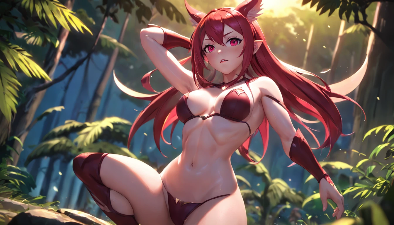 1 girl, ig model, league of legends, xayah, bird ears, action pose, arms up, arms behind head, red hair, brown eyes, lewd face, red bikini, micro bikini, cleavage, armpits, large breasts, wide hips, thick thighs, muscles, abs, realistic, ray traced, jungle, grass, trees, night, stars, moon, clouds