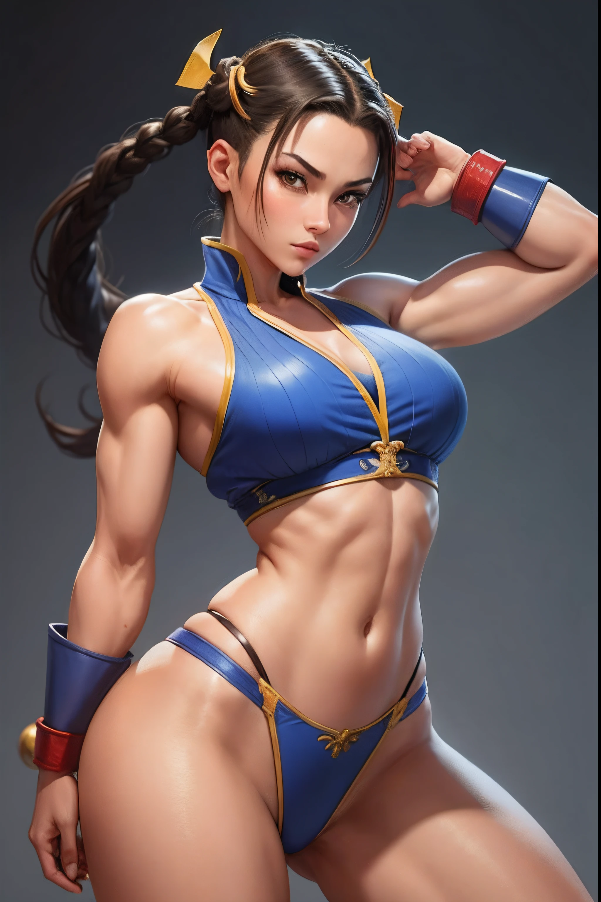 uma mulher sexy, Roupa Chun-Li, Jogo de Street Fighter, braid hair, cara bonita, pose sexy, perfil de perto,