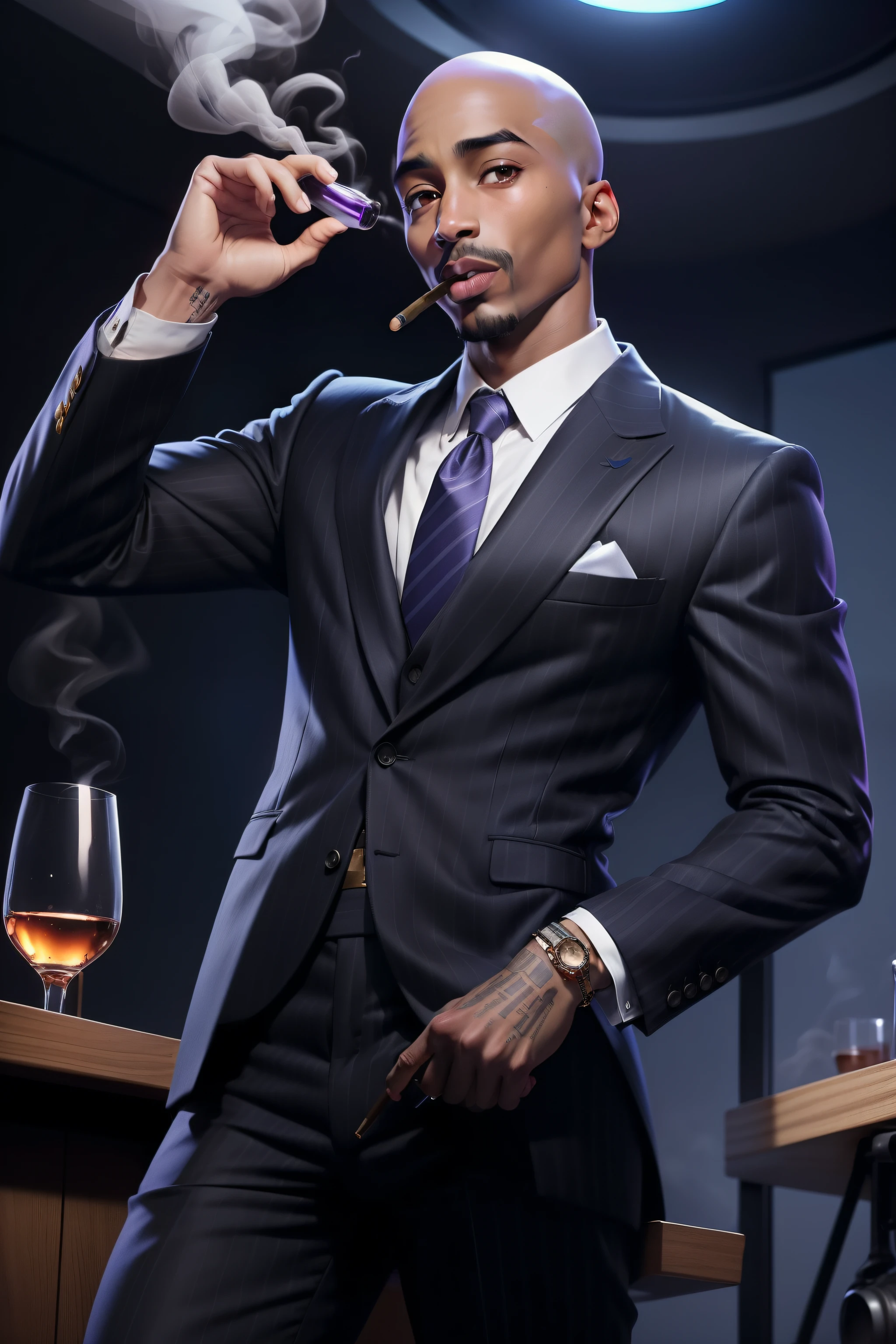 Tupac Shakur wearing black striped suit, bald head, black leather dress shoes, holding glass of wine, smoking Cuban cigar, wearing headphones, in large dark recording studio, light blue and purple neom lights