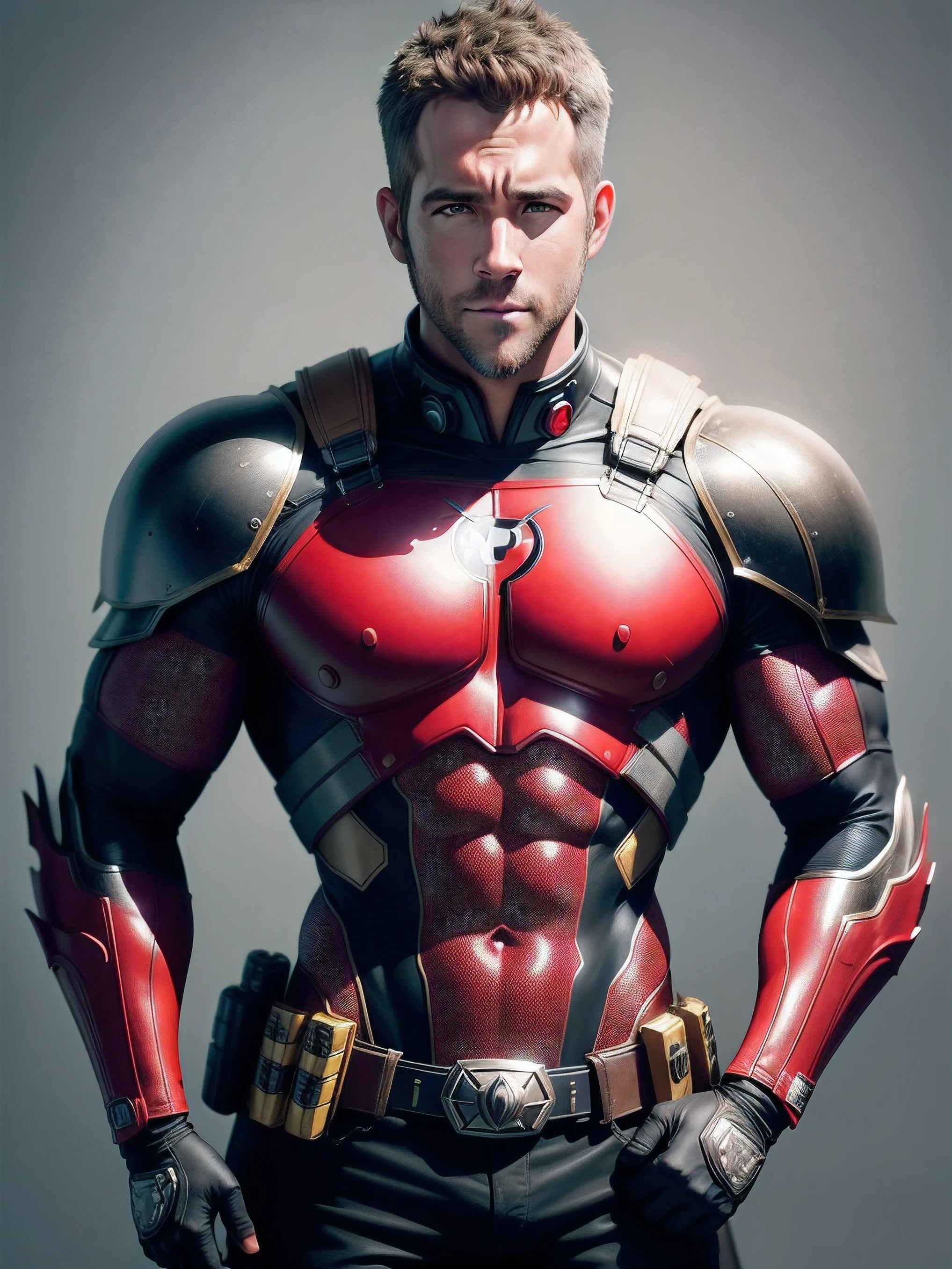 Um homem, inspirado em Ryan Reynolds, com traje de armadura policial, estilo fuzileiro, fotorealista, autoretrato realista, imagem real, pele humana realista, inspirado em Ryan Reynolds.