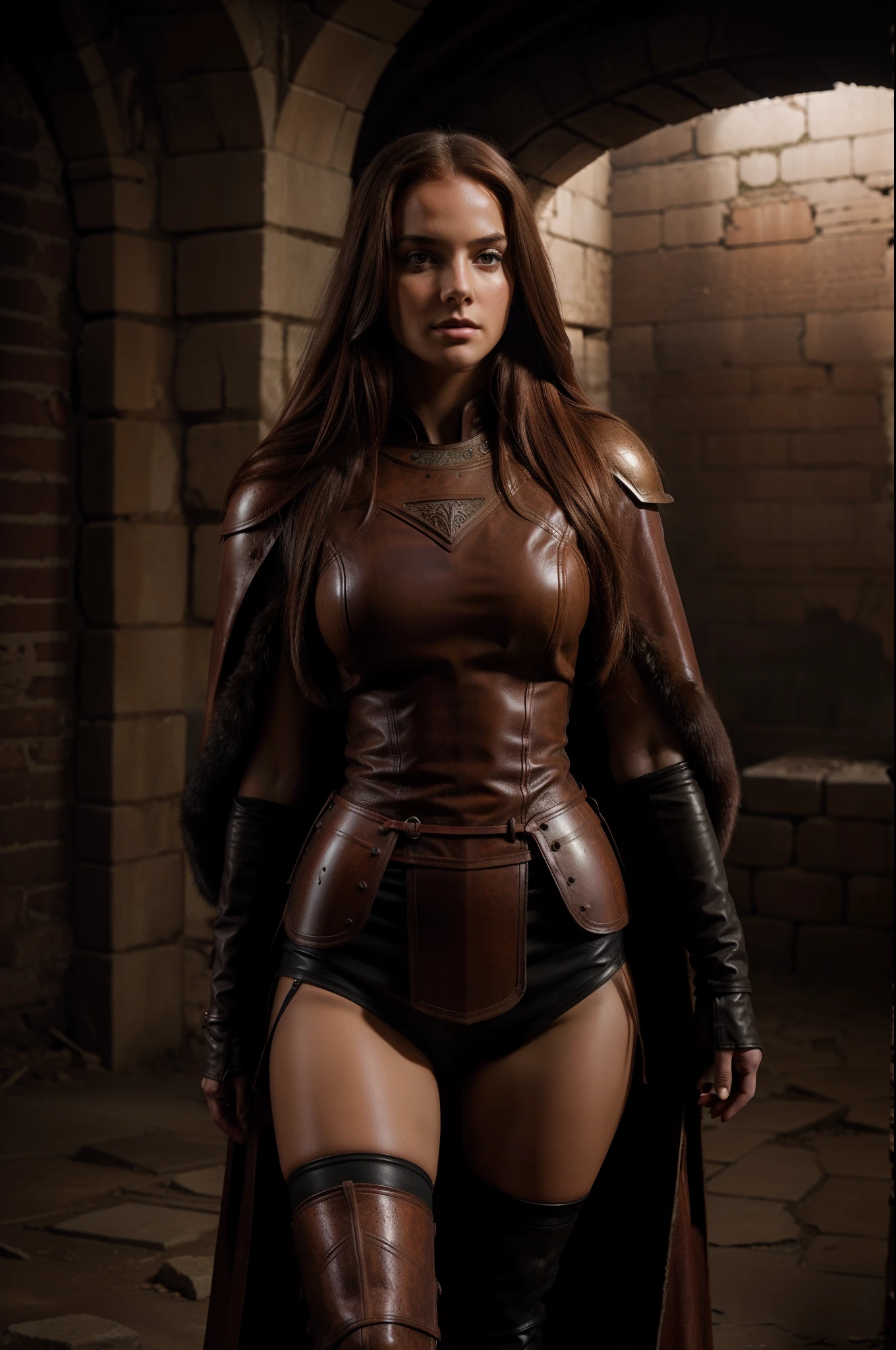 very beatiful girl, sports body, red long hair, leather light armor, Sexy, A ruined ancient castle, Dark lighting, tmasterpiece, minimum of clothes, fur cloak,