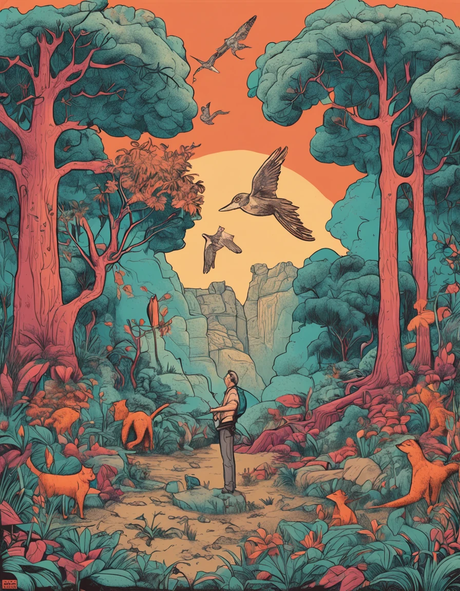 Show a scene where a person is painting in the forest, surrounded by some cats, the person is drawing a bird, A1 scale, painted style, a lot of trees, the figure accounts for one-tenth of the picture, and there are many painted in the scene The paintings are placed in any place, some are hung on the trees, and some are leaned under the distant trees.