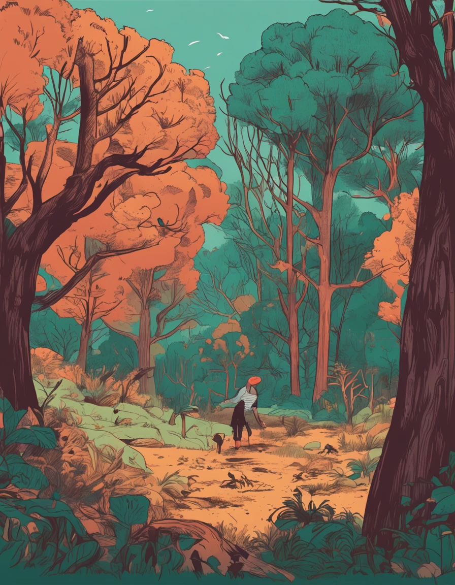 Show a scene where a person is painting in the forest, surrounded by some cats, the person is drawing a bird, A1 scale, painted style, a lot of trees, the figure accounts for one-tenth of the picture, and there are many painted in the scene The paintings are placed in any place, some are hung on the trees, and some are leaned under the distant trees.
