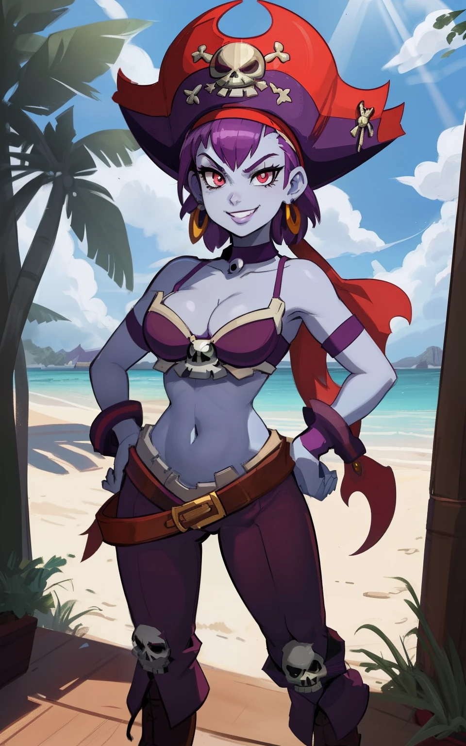 [Risky boots], ((High definition)), ((detailed shading)), ((beautiful solo portrait)), ((1girl)), ((full body)), ((anime girl)), {attractive; (light blue skin, (short purple hair), (cute red eyes), (smug smile), (white teeth)}, {(purple skull bra), (purple pants), (pirate boots), (red pirate hat), (bracers, skull earrings, choker), curvaceous hips, beautiful lips}, {(standing on ship), (looking at viewer), (hands on hips)}, [background; beach, sunny, sun rays]