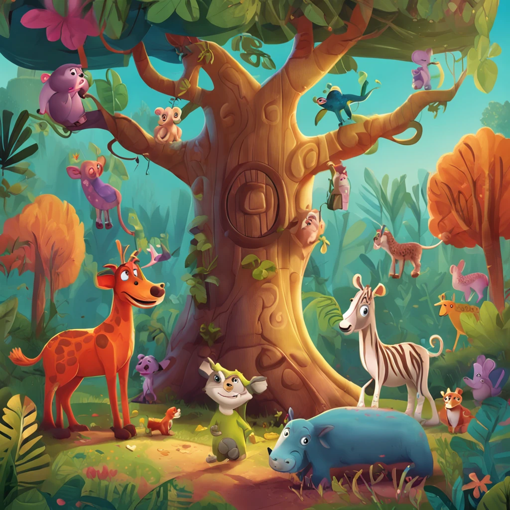 estilo infantil, livro infantil, uma arvore na floresta com diversos animais ao redor, bonita, alegre, divertida