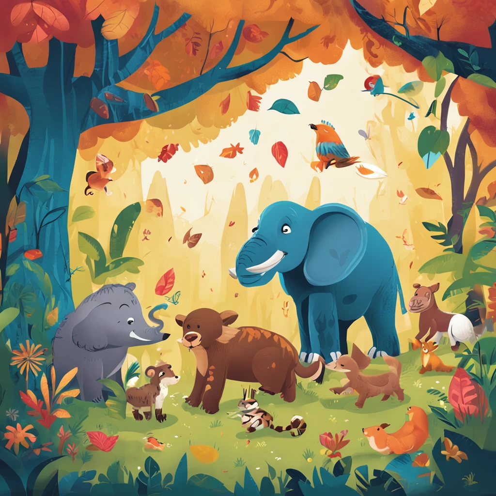 estilo infantil, livro infantil, uma arvore na floresta com diversos animais ao redor, bonita, alegre, divertida