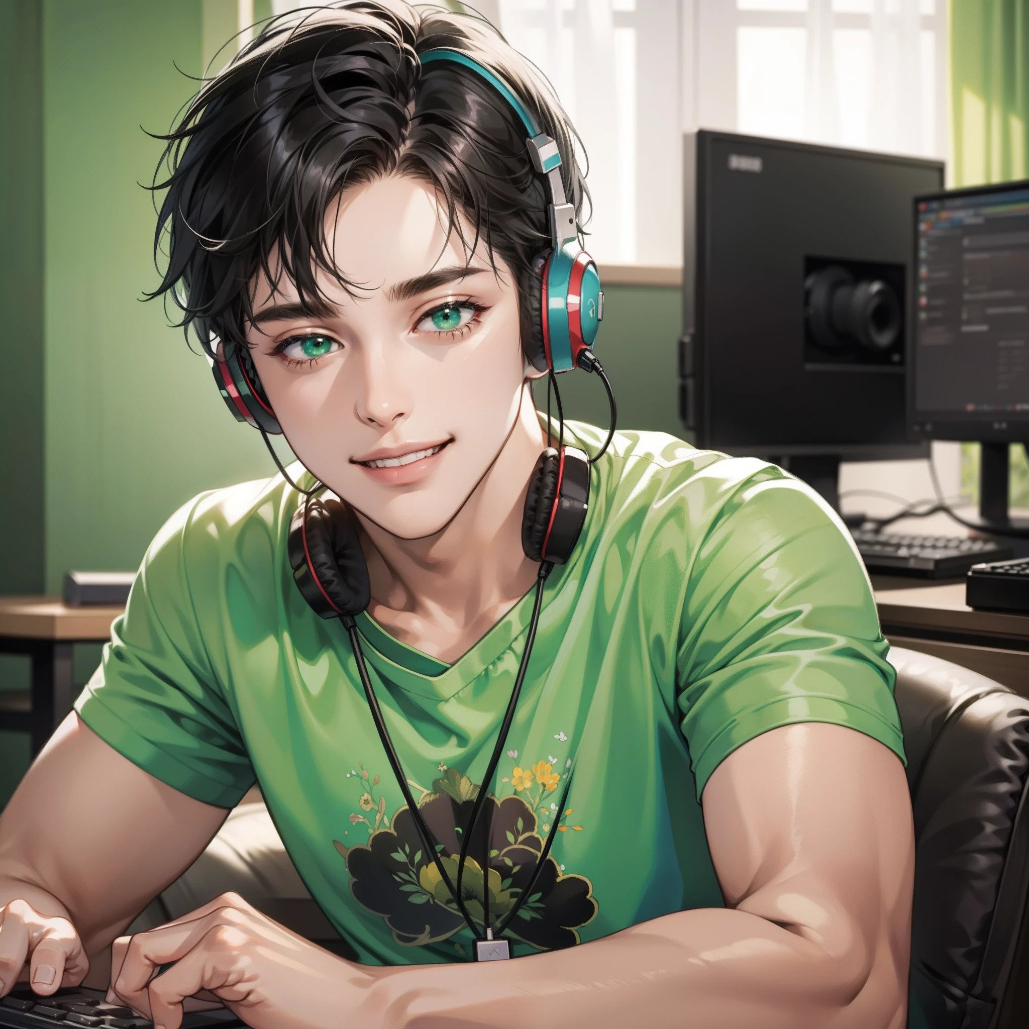 Masterpiece, high quality, best quality, HD, realistic, perfect lighting, detailed body, 1 man, short black hair, green t-shirt, smiling expression, wearing headphones, facing the computer monitor, in the living room