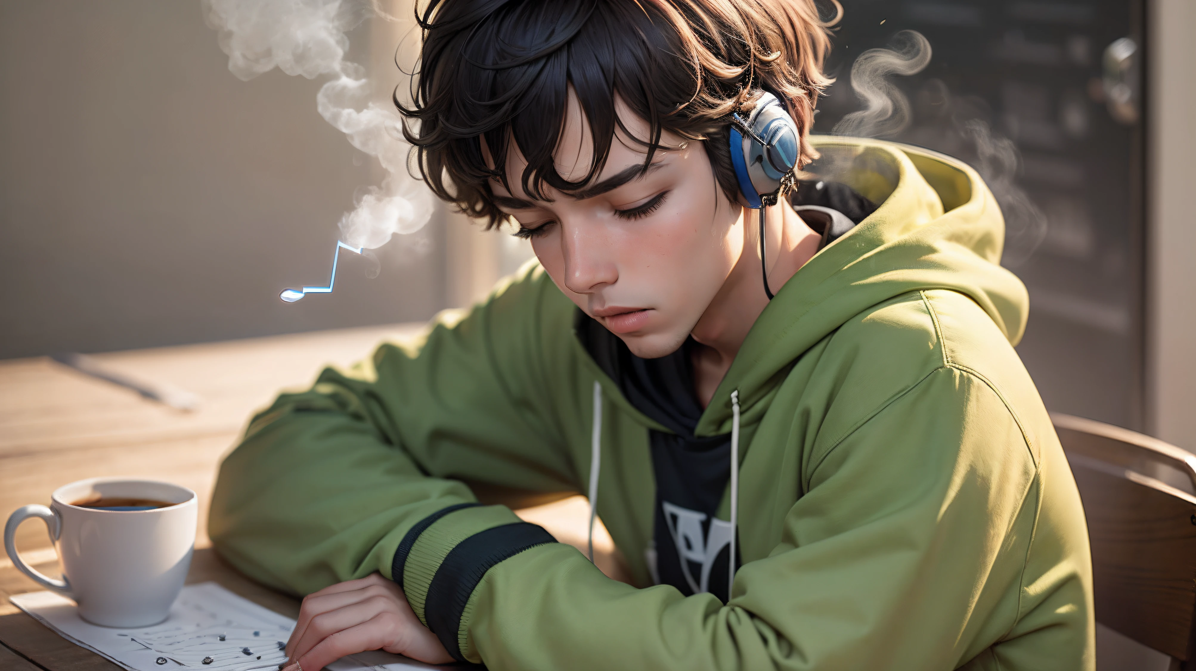 A boy, solo, sitting, on a sunny morning, with a steaming cup of coffee on the table in front of him. He's wearing a green hoodie, with headphones in his ears, and he's completely immersed in the music he's listening to. His eyes are closed as he shakes his head gently to the rhythm of the music. As the music continues, he starts humming along, still with his eyes closed. How does he feel about starting his day this way? What is he thinking as he listens to the music?